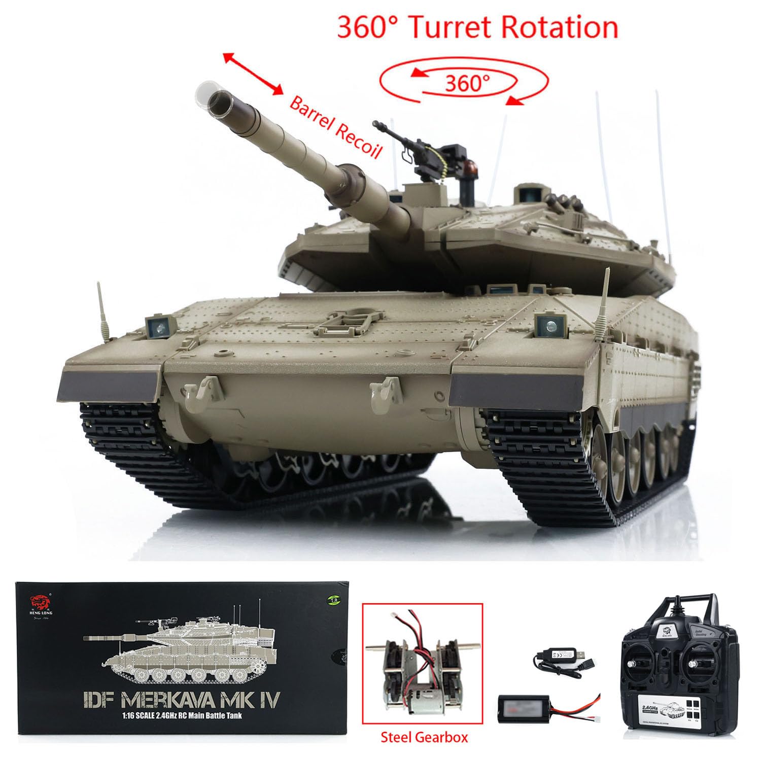 Heng Long 1/16 RC Tank 3958 IDF Merkava Mk Iv Rotato 360 ° Infrarossi Combattimento Metallo Guida Cambio Serbatoi Modello Generatore di Fumatori Bb Pellet Serbatoio Che Spara Airsoft