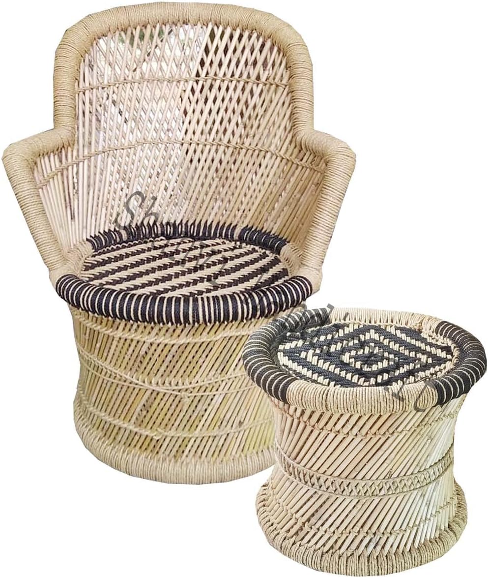 Shanvi Handicraft ! Pure Natural and Handmade Bamboo Mudda Chair with (Arm Rest) Black and Biege with Mudda- Standard