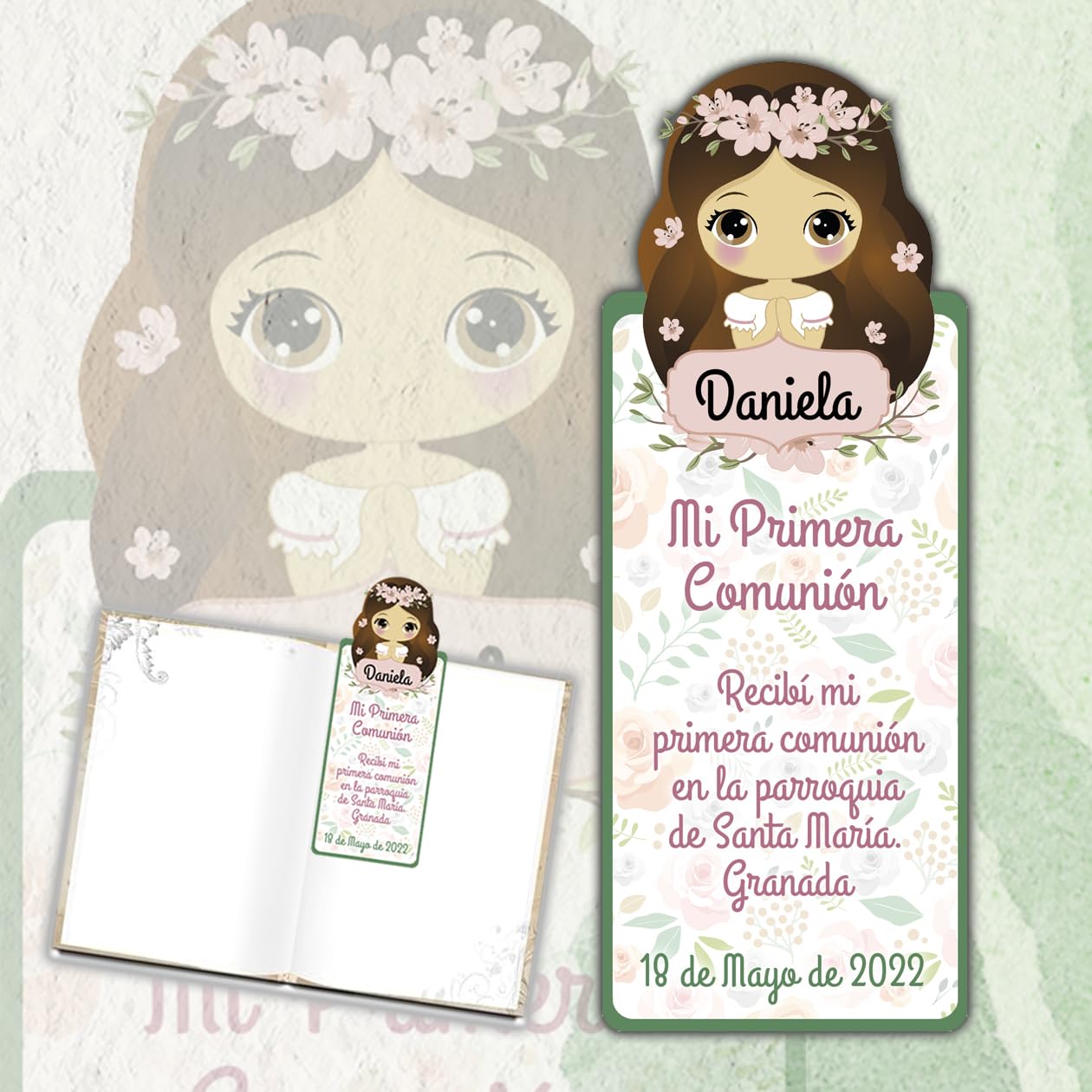 Marcapáginas de niña personalizado con nombre, recordatorios de comunión niña, punto de libro primera comunión de niña