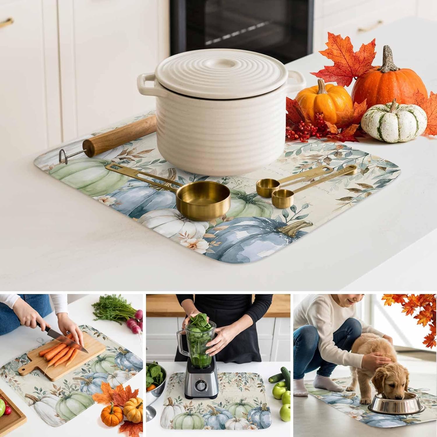 Thanksgiving Pumpkin Leaf Dish Drying Mats for Kitchen Counter,Absorbent Microfiber Dish Drainer Rack Mat Country Plant Flower on Retro Beige Drying Pad for Sinks,Utensils,Countertops,18x24in