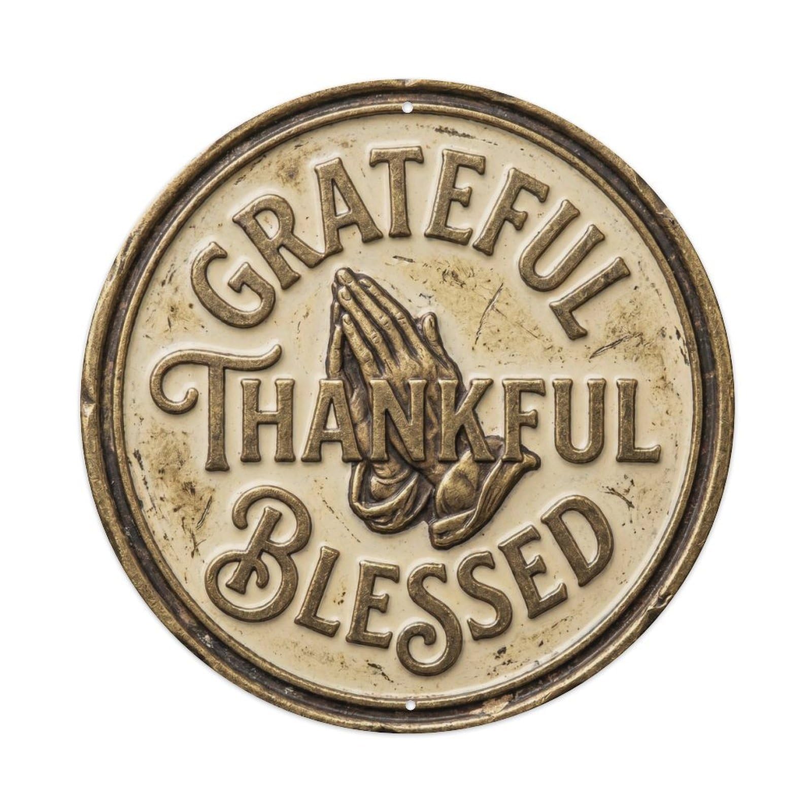 Cmhok Vintage Style Grateful Thankful Blessed Vintage Workshop Accessory Retro Slogans Metal Tin Sign Plaque Wall Decor For Cafe, Club, Garden Round Metal Poster 8X8inch