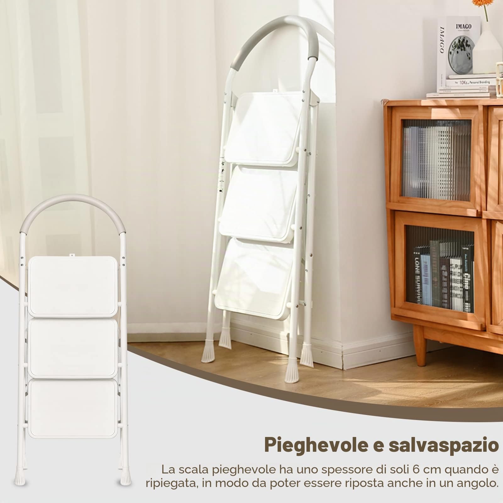 XinSunho Scaletta 3 Gradini Pieghevole, 3 Step Scale Domestica con Corrimano e Pedale Antiscivolo, Portatile Robusto Sgabello Scale, Massima 200 kg, Bianca