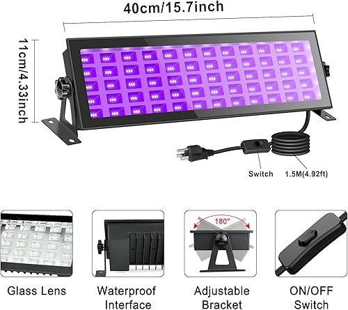 Miniatura 3 de Barra de luz LED negra de 120 W, área iluminada de 40 x 40 pies, 180 luces LED negras con cable de alimentación de 5 pies y enchufe, luces negras