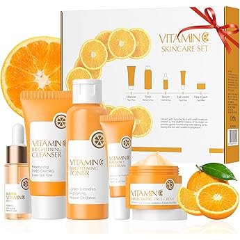 Vitamin C Skin Care Set Teenager Girls and Women Face Care Set Skin Solution Tonic Moisture Skin with Cleanser Facial Toner Eye Cream Serum Cream