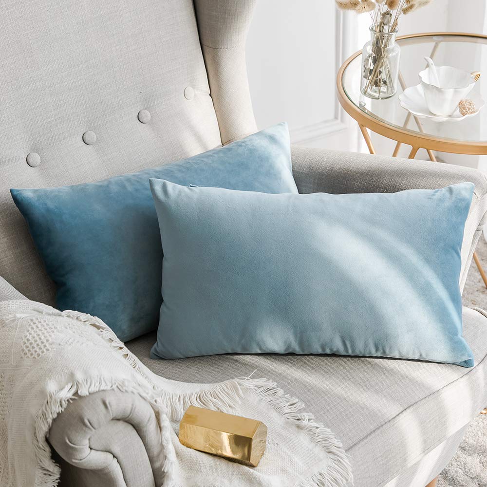 MIULEE Velvet Soft Soild Microfiber Decorative Square Pillow Case Throw Cushion Cover for Sofa Bedroom with Invisible Zipper Light Blue 12"x20",2 Pieces