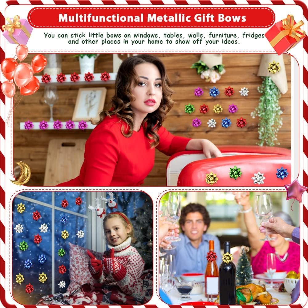 150 Nœuds Cadeaux Autocollants Colorés 2,5 Cm - Éclat Métallique, Forme étoile - Pour Emballage Noël, Mariage, Décoration Festive