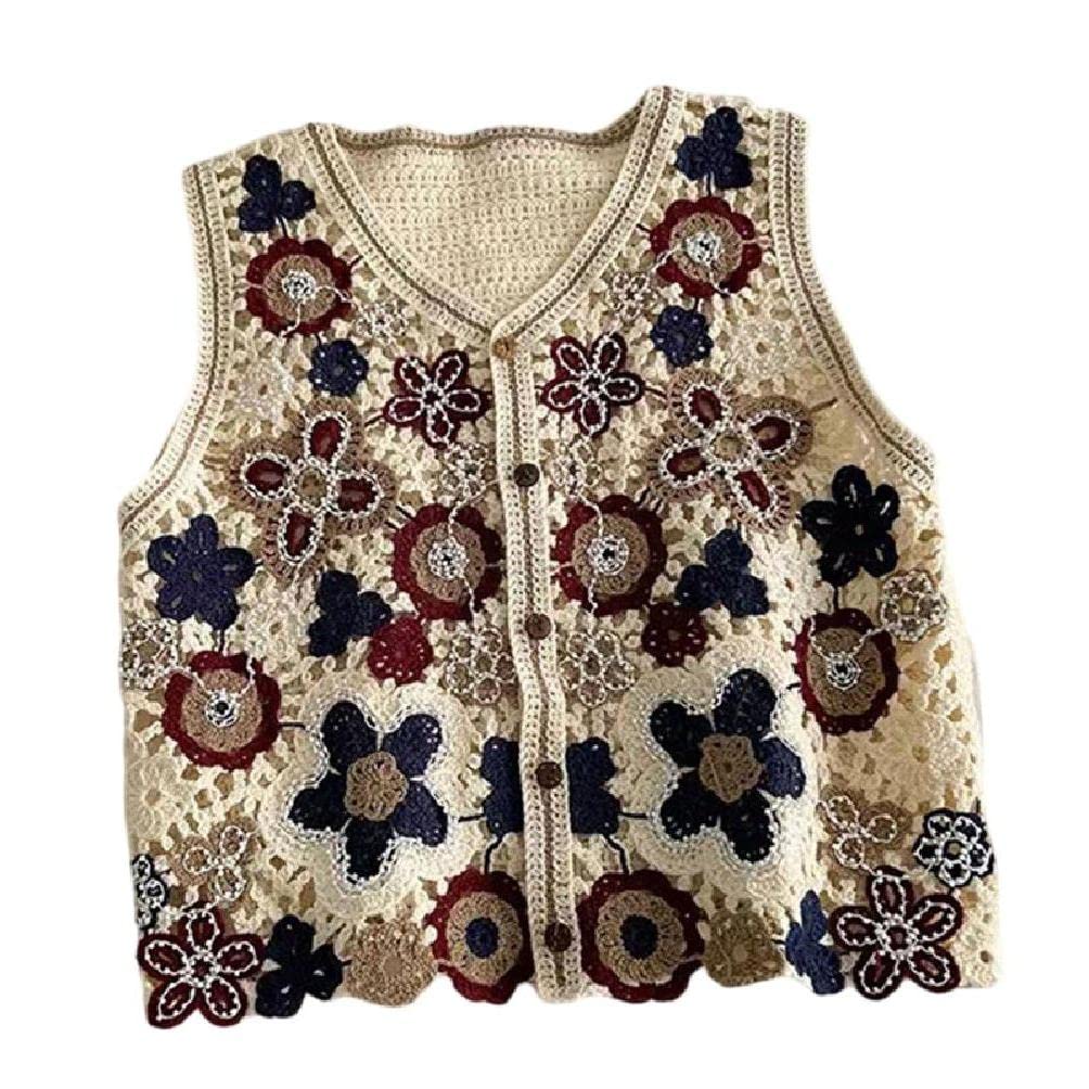 Women Vintage Hollow Crochet Knit Vest Waistcoat Ethnic Beaded Embroidery Colorful Floral Sleeveless Crop Cardigan for Jacket V-Neck Button Shirts Top Beachwear sleeveless cardigans for women plaid