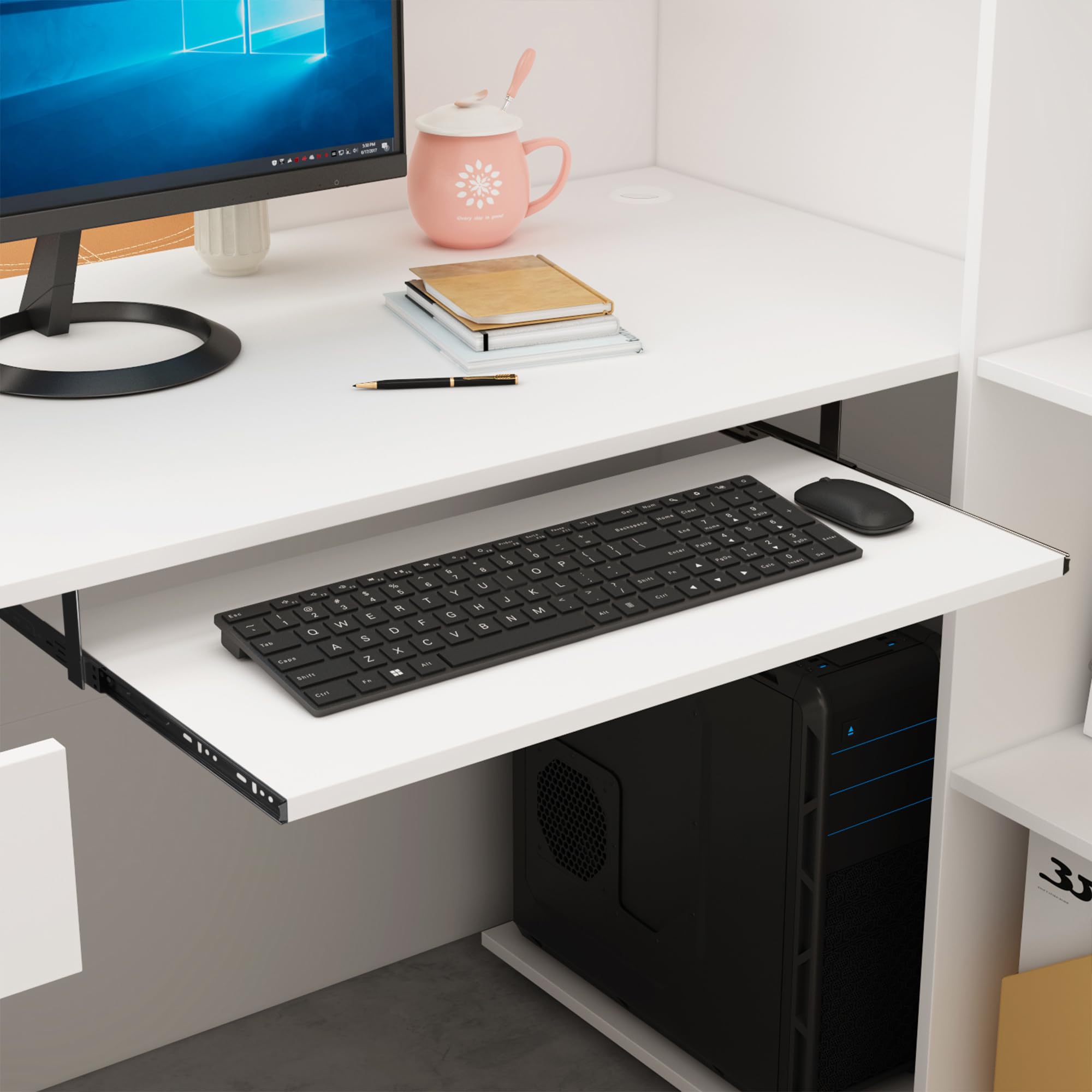 Empfangstheke, Empfangstresen, Rezeptionstisch, Rezeptionstheke mit 1 Schubladen und 1 Schrank, Empfangstheken, Rezeptionstheken mit Tastaturschublade, Bürotheke, MDF, 140 x 100 x 110 cm