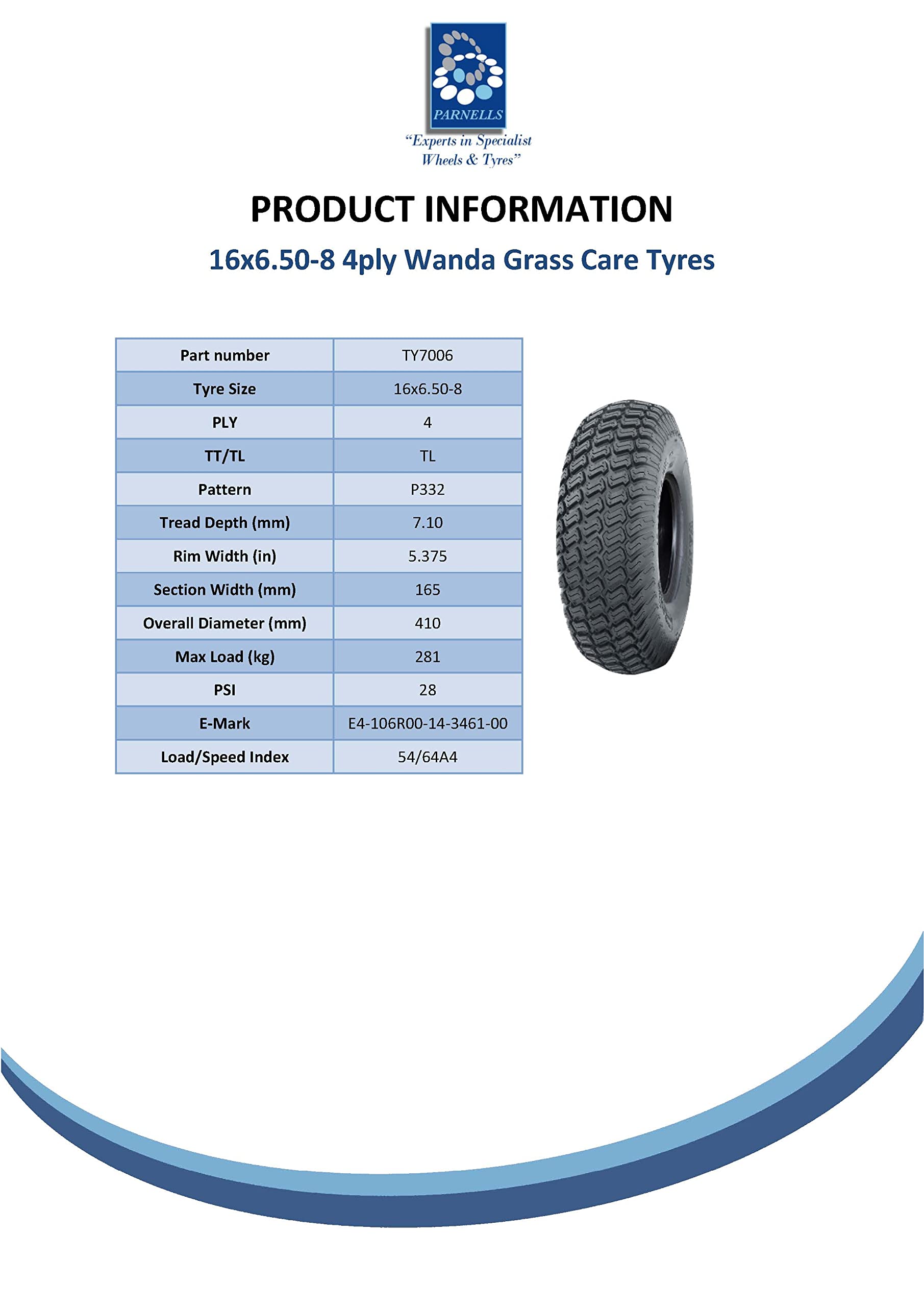 Pneumatico Per Tosaerba 16x6.50-8 – 4 Strati Wanda P332, Tubeless, 280 Kg Di Carico, Adatto A Trattorini E Carrelli