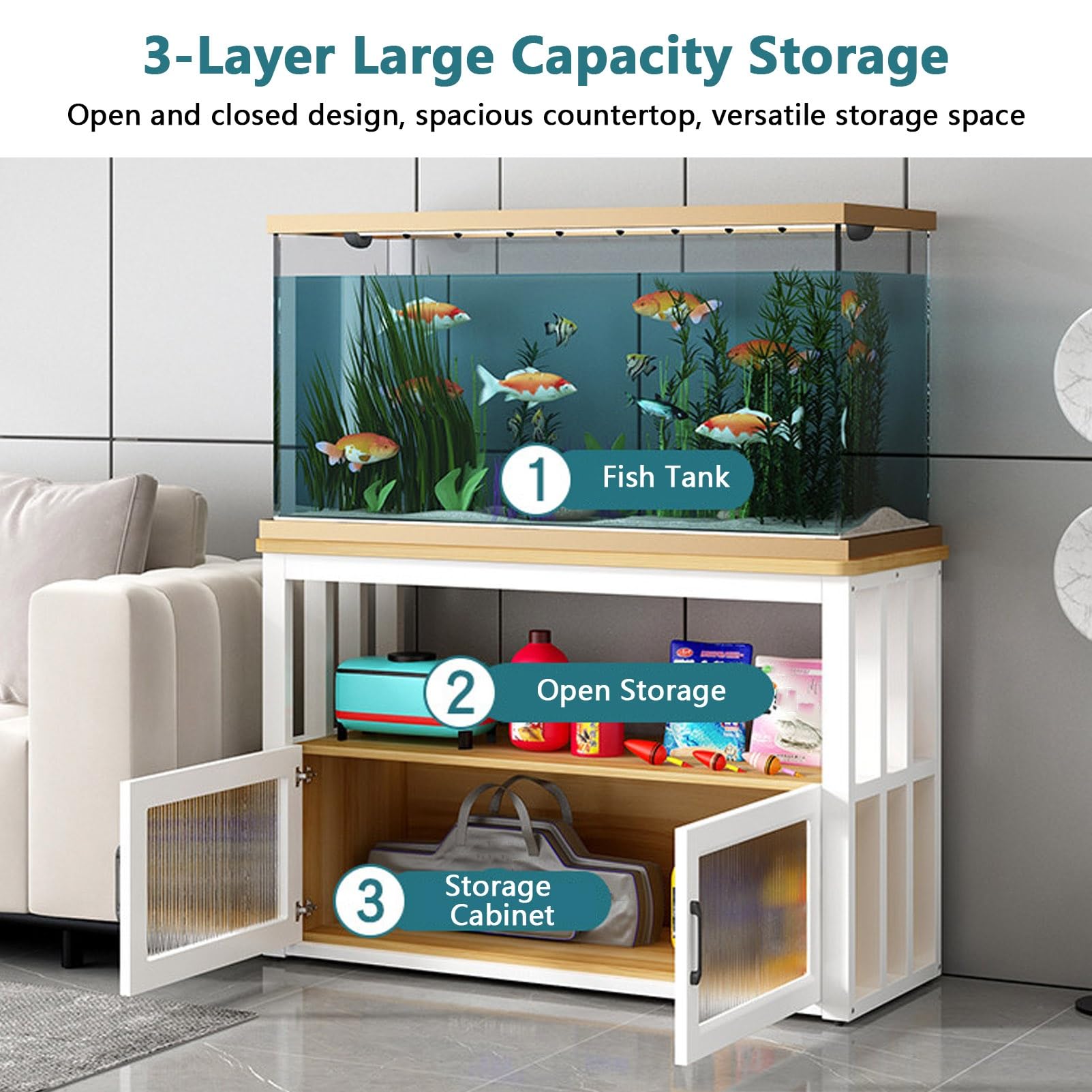 Aquarium-Ständer mit Schrankaufbewahrung, 3-stöckig, Metall-Aquariumständer, 300 kg Kapazität, Reptilien-Tankständer für Wohnzimmer, Schlafzimmer, Büro (grau + schwarzer Rahmen, 100 x 50 x 80 cm)
