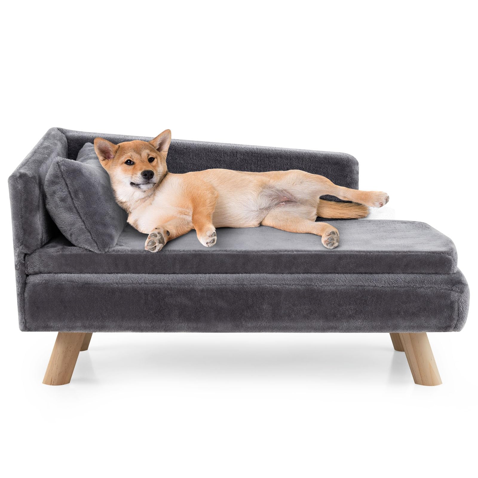 COSTWAY Cuccia per Cani da Interno di Taglia Grande, Divano per Cani Imbottito con Cuscino Rimovibile e Bracciolo, Letto per Animali Rialzato con Gambe in Legno e Schienale, Portata 50 kg (Grigio)