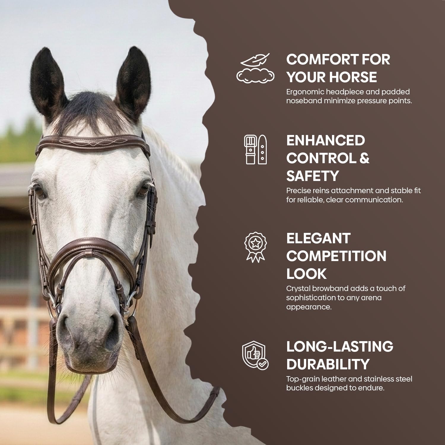 Equine Care Brida de caballo inglés con riendas – Costura elegante, corona acolchada y muserola, cuero curtido vegetal, accesorios de acero inoxidable, tachuelas Hunter de tamaño completo