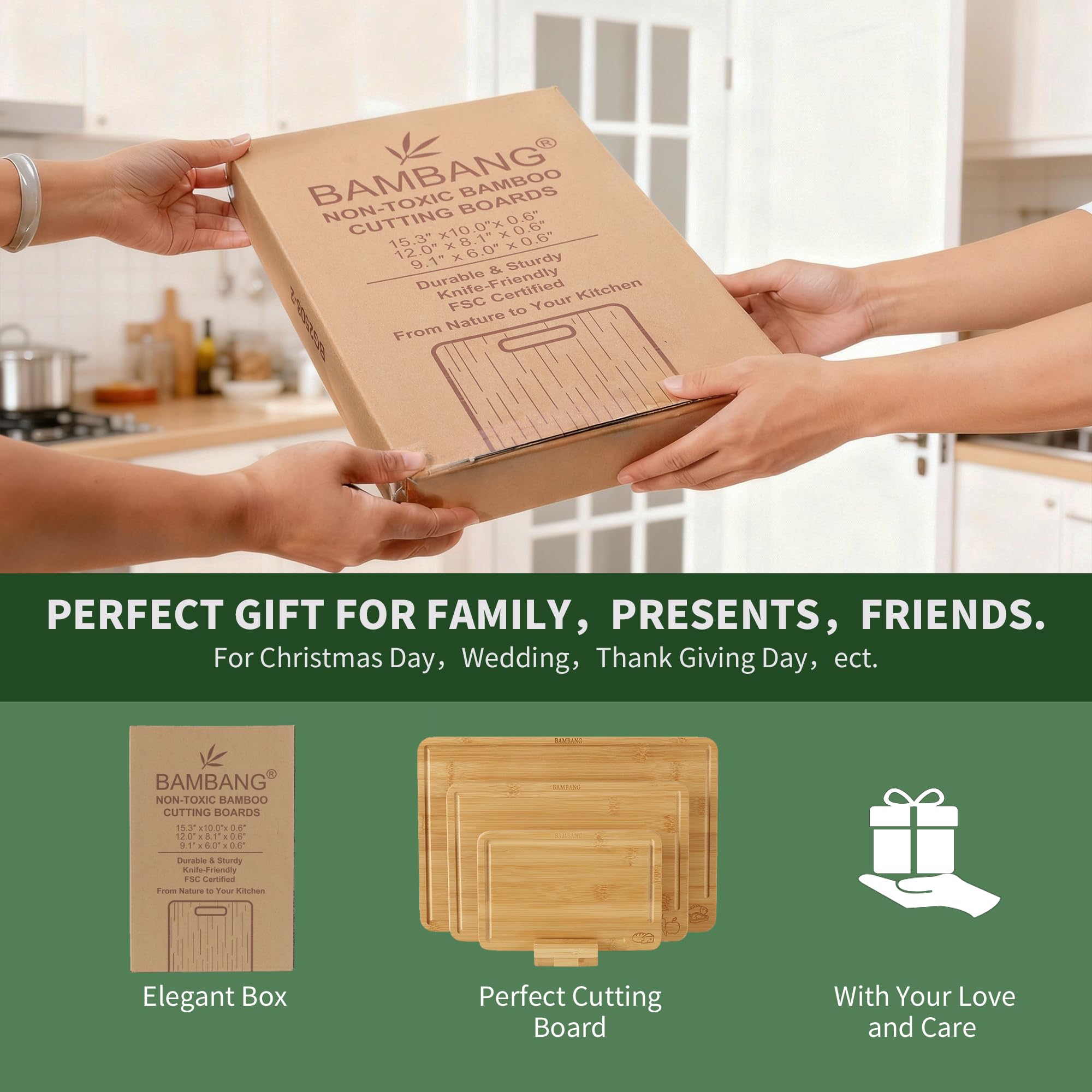 BAMBANG Juego de tablas de cortar de bambú, 3 tablas de cortar de madera para cocina, bloque de carnicero no tóxico con ranura para jugo, tablas de cortar grandes, medianas y pequeñas para carne