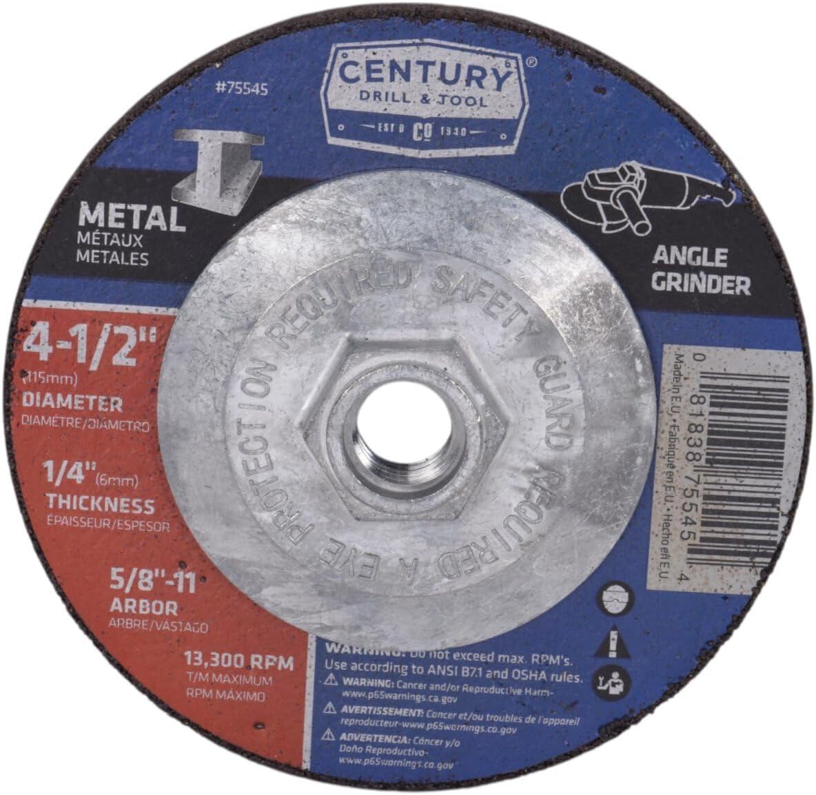 Century Drill & Tool 75574 Type 27 Metal Grinding Wheel, 7" X 7/8"