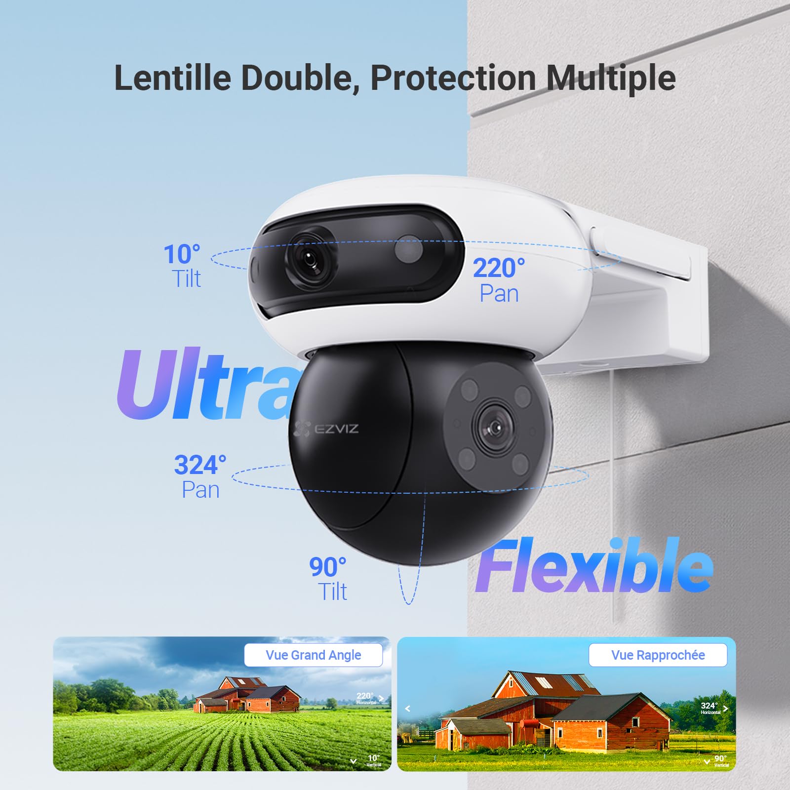 EZVIZ 8MP (4MP+4MP) Caméra Surveillance WiFi Extérieure à Double Objectif, Caméra Extérieure 360°, Vision Nocturne Couleur, Détection de Personne/Véhicule, Audio Bidirectionnel, Étanche, C90 Dual
