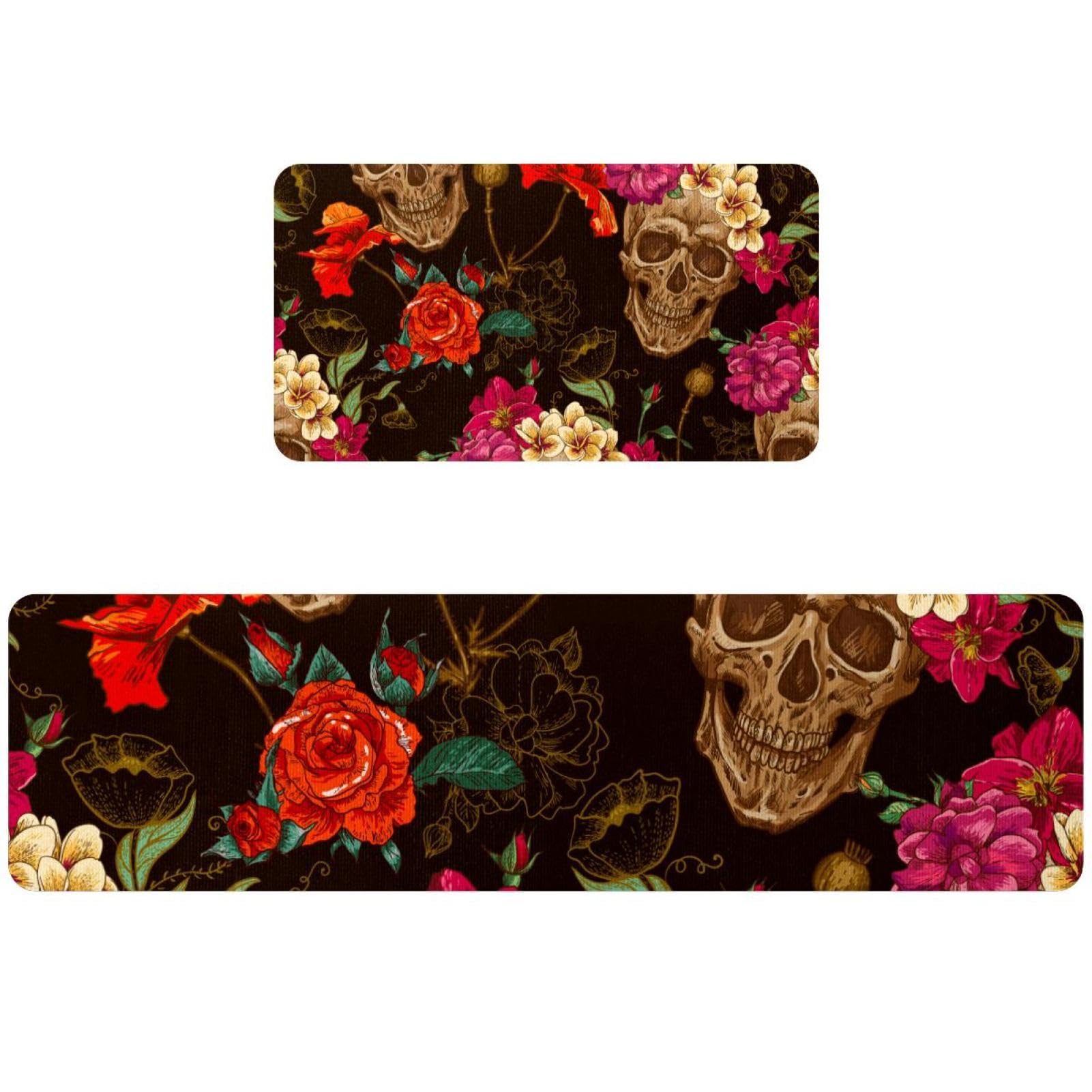 Tapete de cocina lavable y súper absorbente de 2 piezas con diseño de calaveras mexicanas