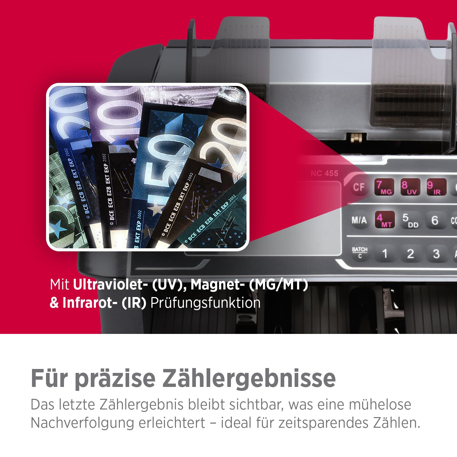 Olympia NC 455 Geldzählmaschine & Geldscheinprüfer | Geldzähler für alle Scheine | UV & MG Prüfung | Zählmaschine für 1-9999 Noten | LCD Display | 1000 Noten/Min | Autom. Start | Falschgeld Prüfer