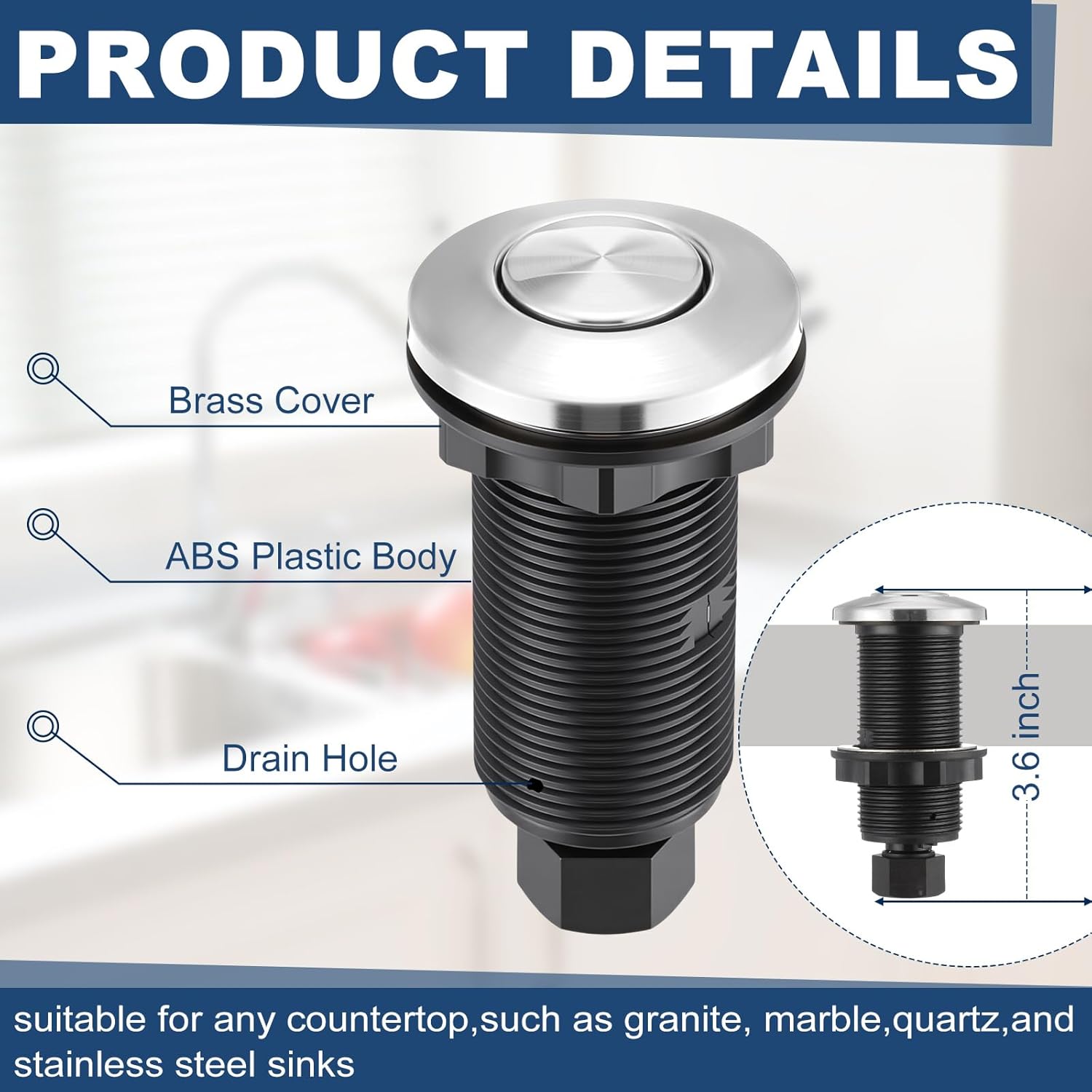 Relaxweex Garbage Disposal Air Switch Kit Wireless Sink Top Garbage Disposal Button Stainless Steel/On/Off Waterproof Button Kit with Long Switch Matte UL Listed (Dual Outlet,Silver,Long/3.6")