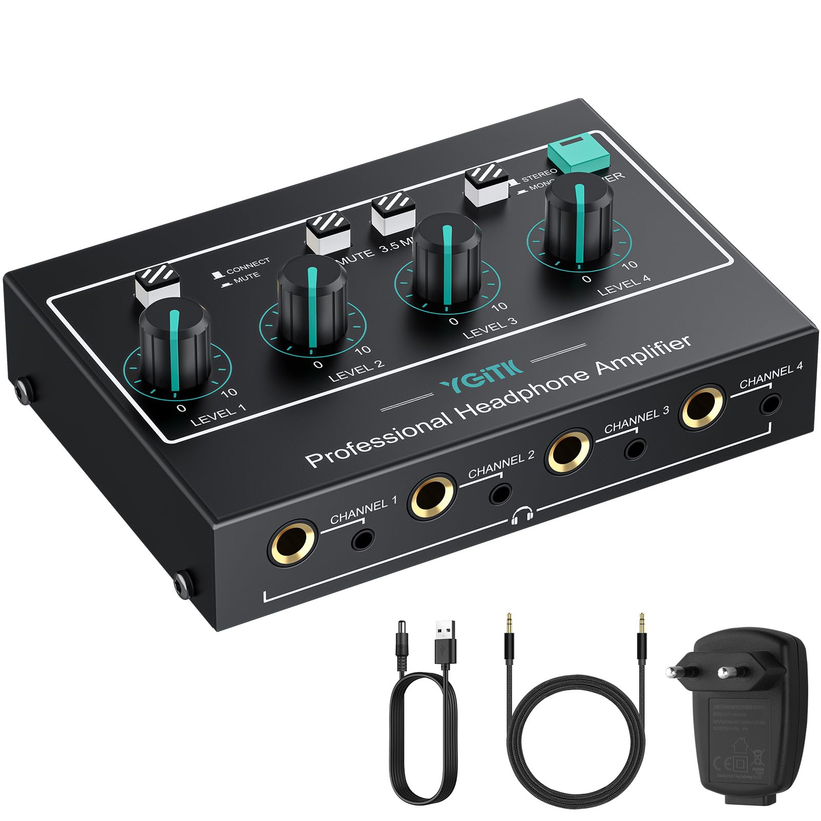 Amplificador de Auriculares Estéreo Portátil-4 Canales con Controles de Volumen y Entradas AV/3.5mm/6.35mm - 8 Salidas Estéreo de 3.5mm/6.35mm para Escenario-Actualización de Chip