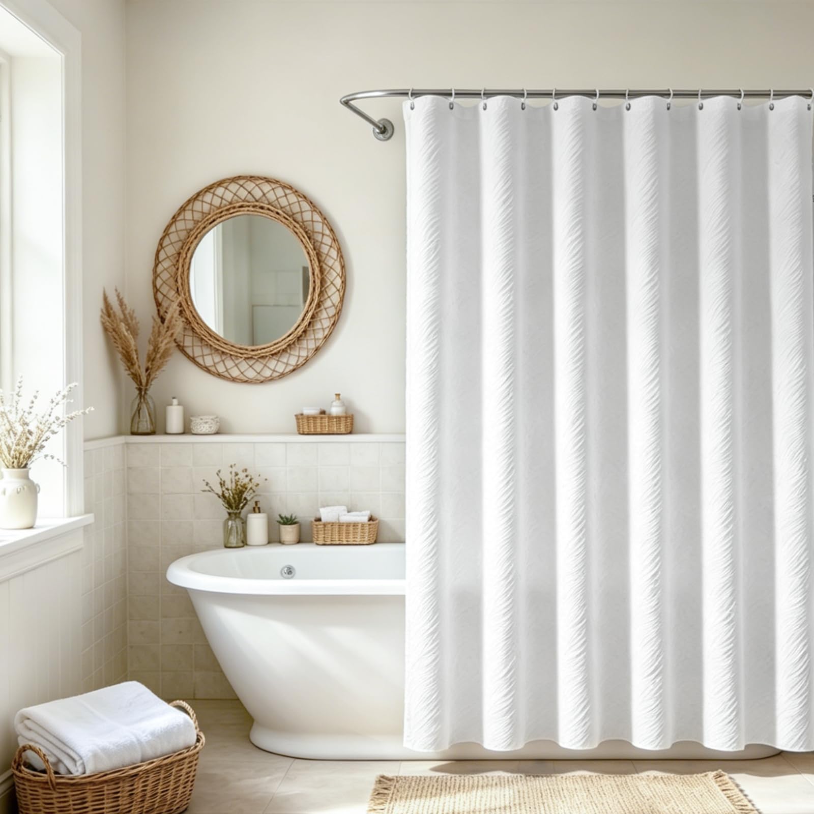 Extra Long Shower Curtains 200cm Drop, Heavy Duty White Shower Curtain with Hooks, Mould Resistant & Waterproof Fabric for Bathroom, Weighted Bottom Hem, 180x200cm(70"x 78")