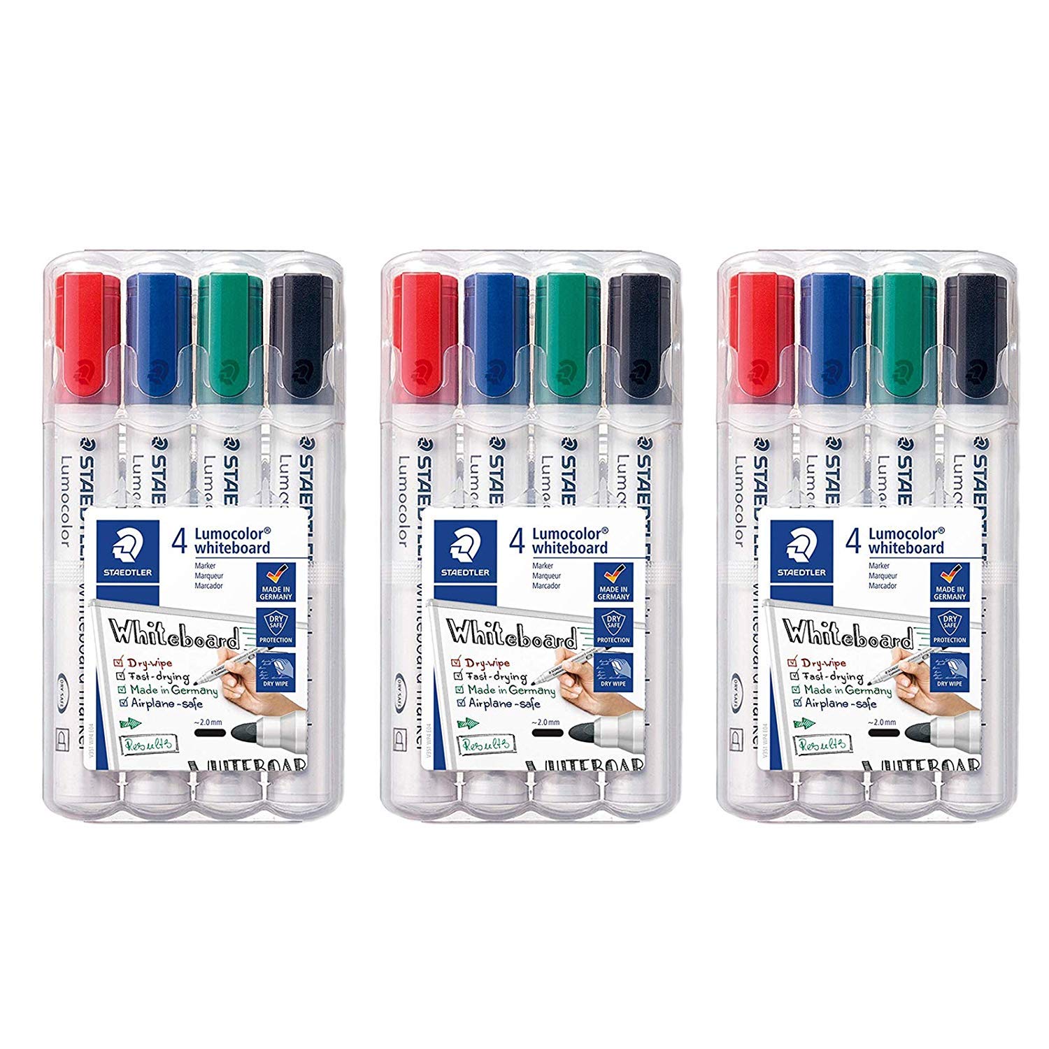 Staedtler Lumocolor 351 WP4 Rotuladores para pizarra blanca, punta redonda, estuche con 4 colores (colores surtidos, juego de 4 rotuladores, 3 unidades)