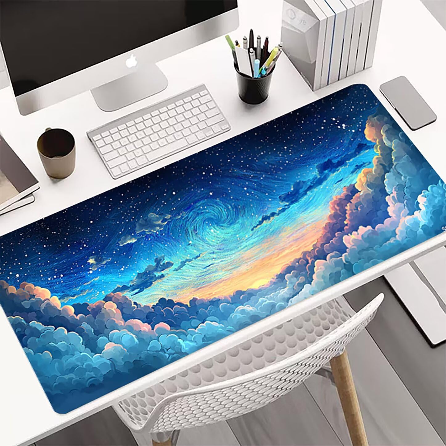 Lpfieonn Himmel Großes Schreibtischunterlage, XXL Schreibtischunterlagen, Blau XXL Wasserdicht Gaming Mousepad mit Vernähter Rand und Rutschfeste Gummibasis, für Laptop/Hause/Büro 120x60cm PF-3397