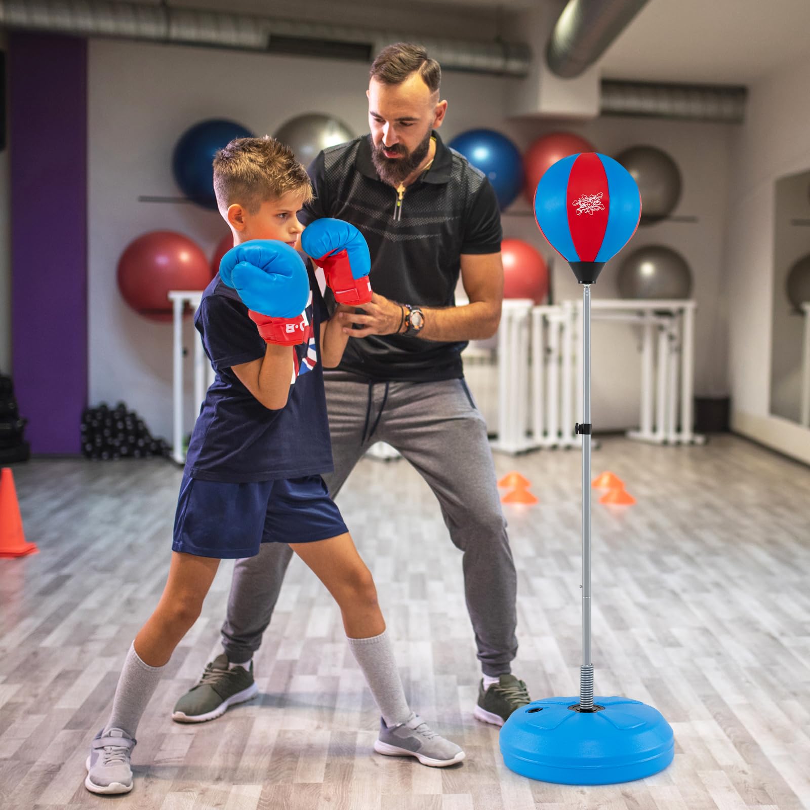 RELAX4LIFE Punching Ball con Guantini per Adulti e Bambini, Sacco da Boxe con Altezza Regolabile 120-154 cm, Palla di Pugilato da Terra con Base Stabile