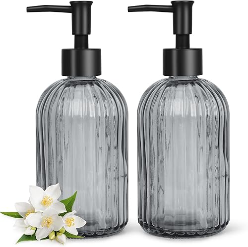 Topsky Paquete de 2 dispensadores de jabón de vidrio con bomba de plástico, dispensador de jabón líquido de manos de 13.5 fl oz, bomba a prueba de