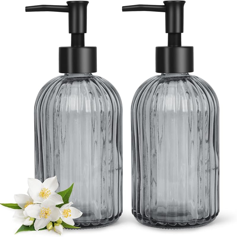 Topsky Dispensers de Sabonete em Vidro com Bomba Plástica, 400 mL, Cinza listrado, Pacote com 2