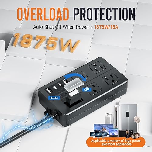 Miniatura 5 de Tira de alimentación IPX6 para exteriores resistente a la intemperie, cable de extensión para exteriores de 10 pies, múltiples salidas con puertos