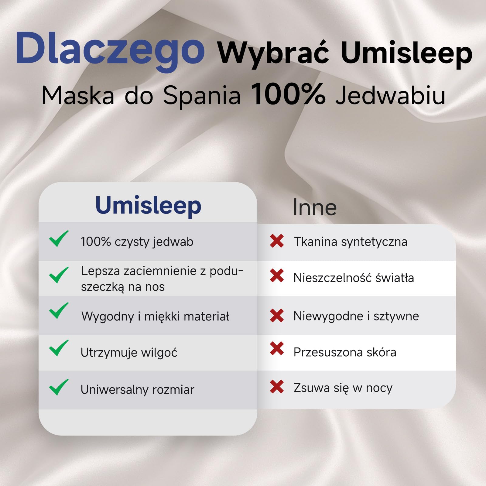 Umisleep 100% czysty jedwab maska do spania, 22 momme, 6A, miękka i gładka, oddychająca maska do spania z jedwabiu dla kobiet i mężczyzn, lepsze uszczelnienie światła, z etui podróżnym, regulowana