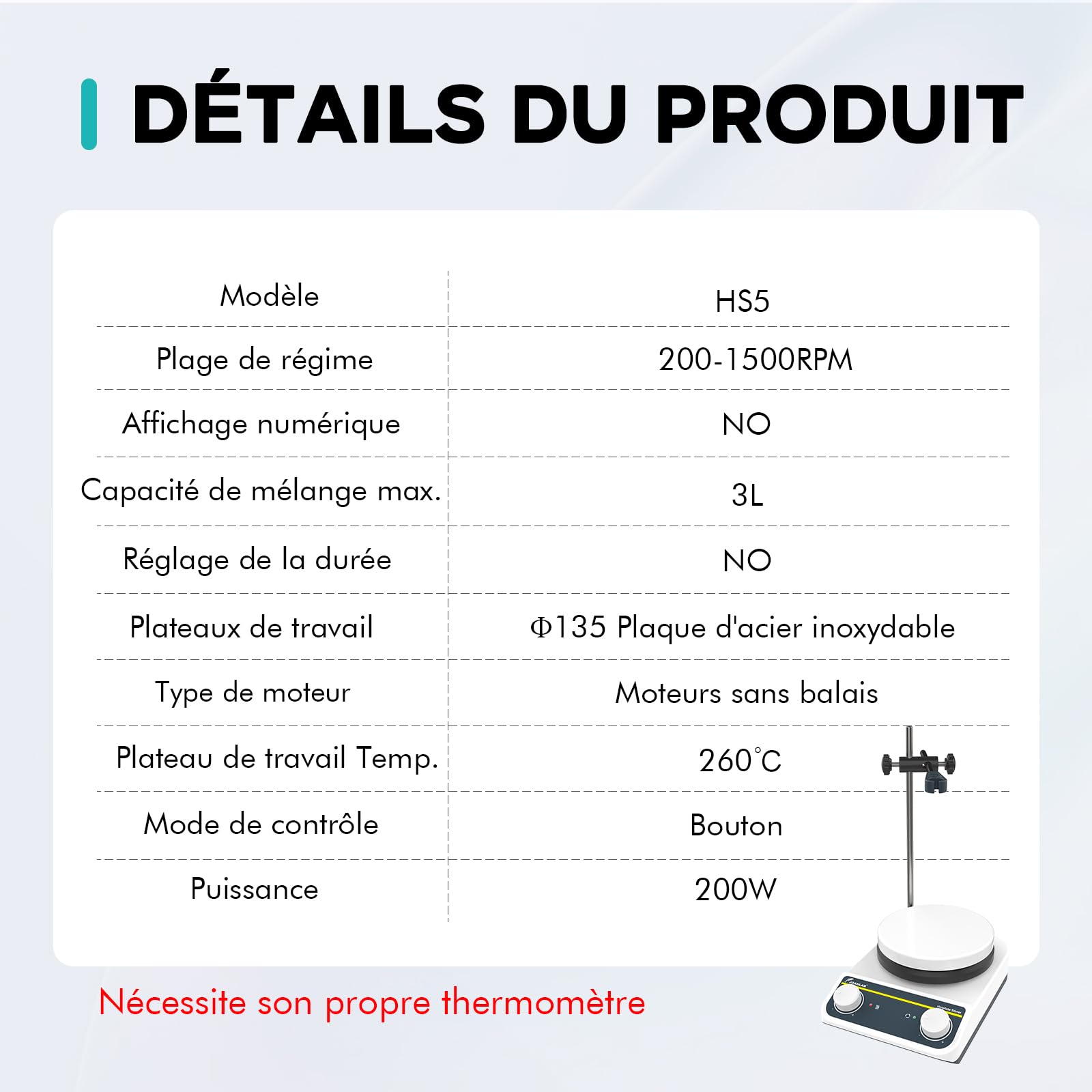 LAB FISH Agitateur Magnétique De Laboratoire Plaque Chauffante 260℃/ 500℉ 5 Pouces Capacité 3L Bouton De Contrôle 200-1500rpm & Barre D'Agitation(Non Numérique)