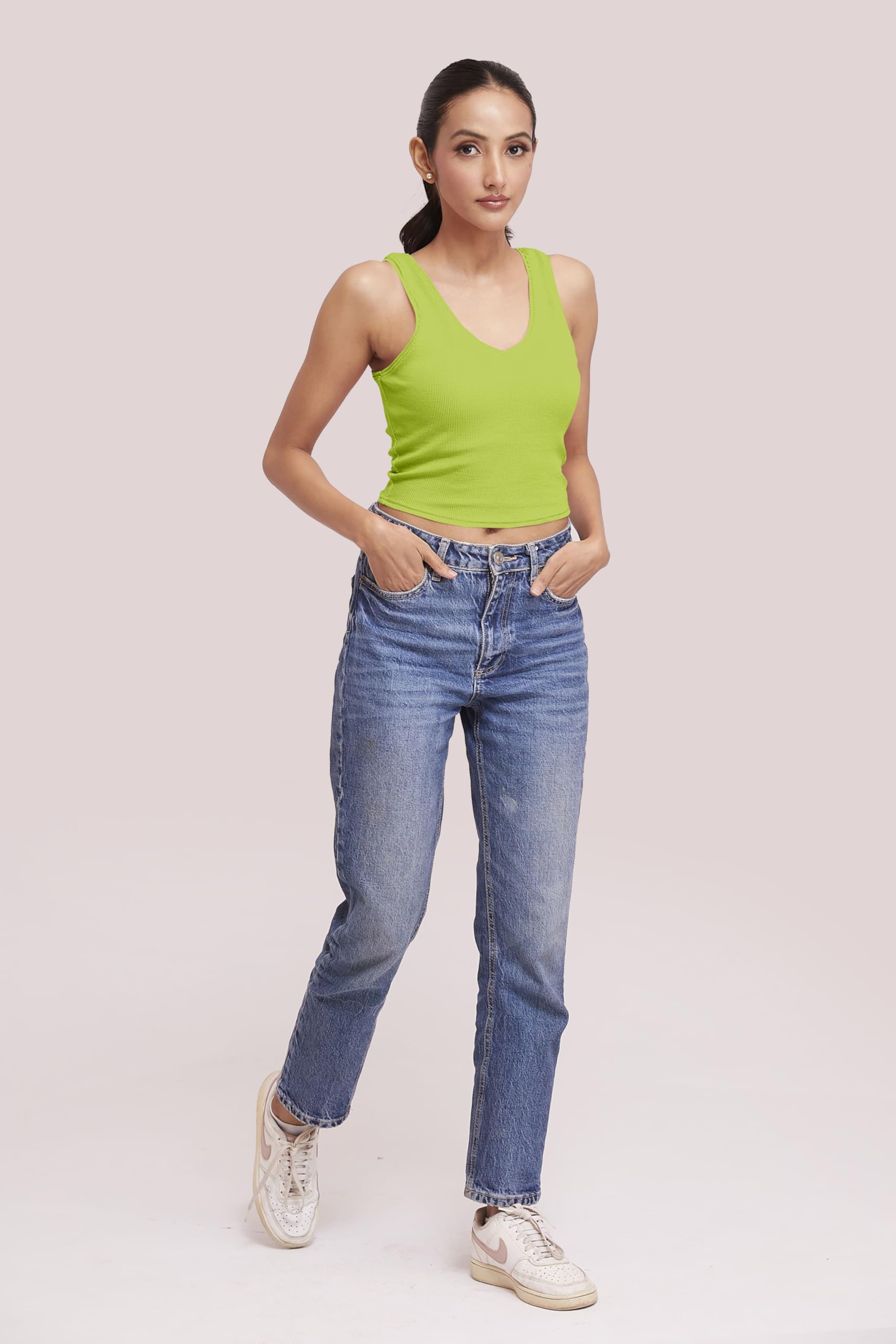 BERRY BIRD® Sleeveless V- Neck Slim Fit Ribbed Knit Tank Crop Tops for Women & Girls Casual Beach and Gym Wear and Western Trendy Fashion Neon 4