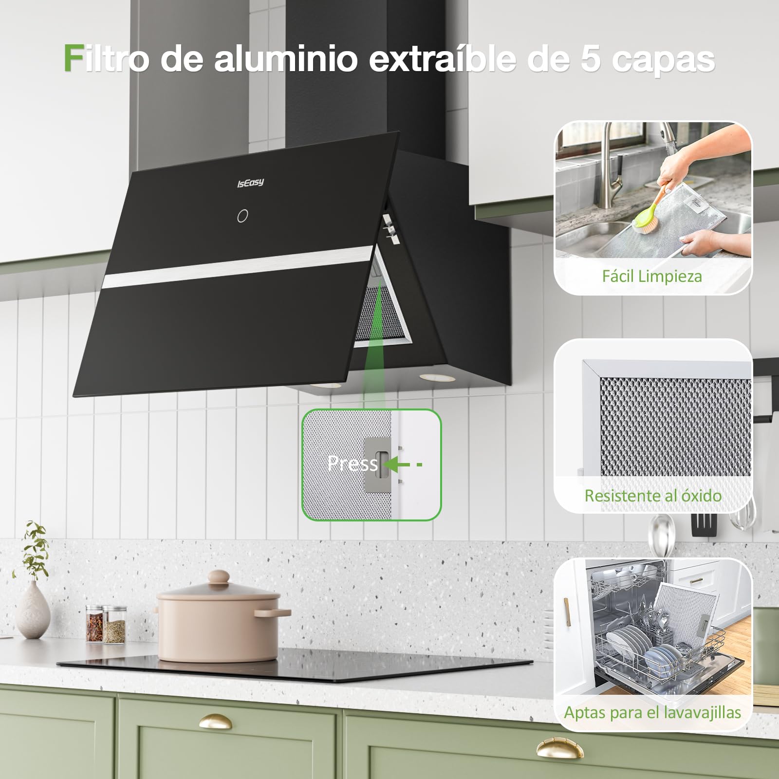 IsEasy Cappa Cucina 60cm, Cappa Aspirante di Scarico/Ricircolo con 578 m³/h Forte Potenza di Aspirazione, 4 Livelli di Regolazione, Funzionamento Touch, 58 dB, Nero, Efficienza A++