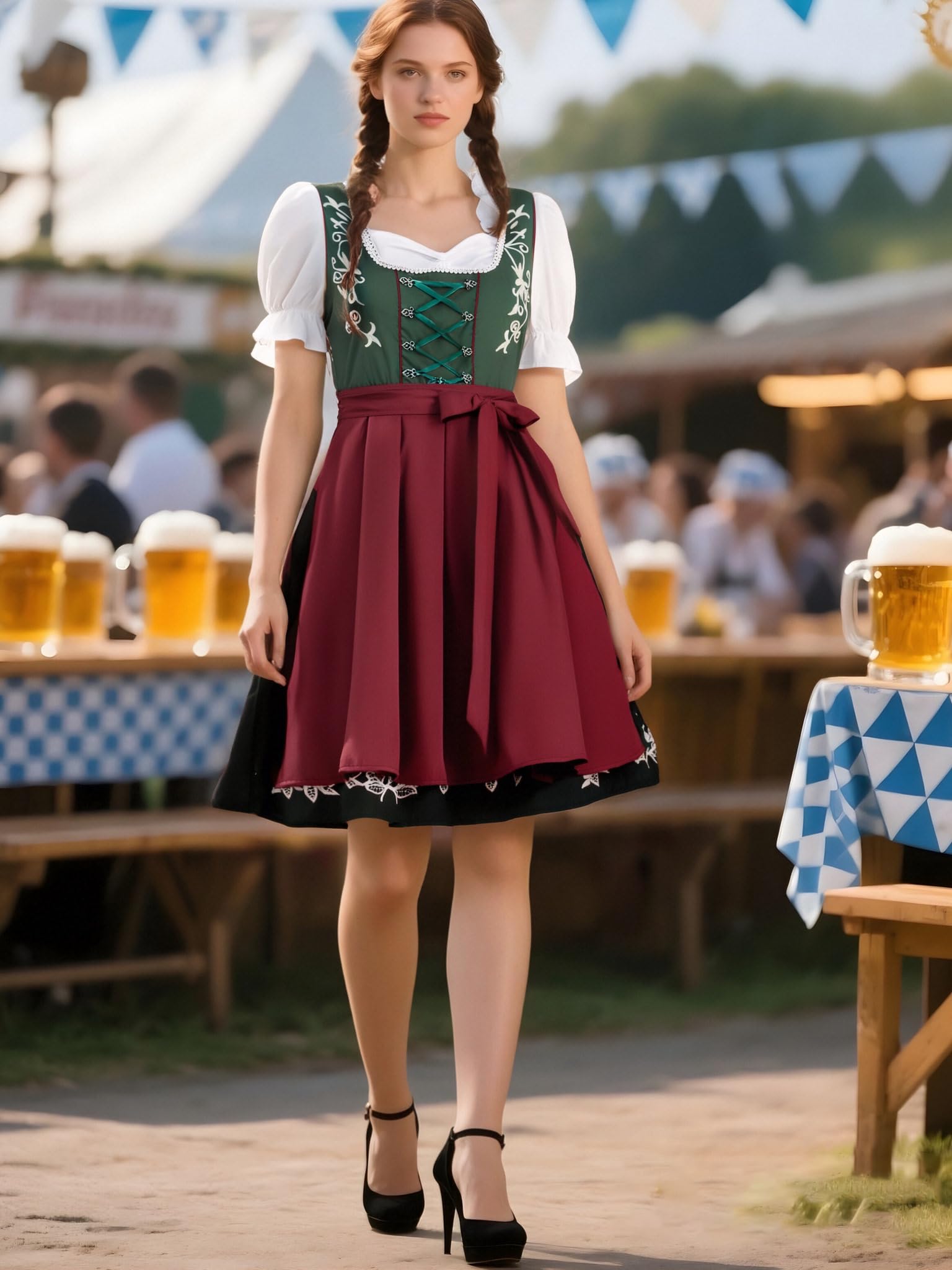 JASAMBAC Vestido tirolés para Mujer, 3 Piezas, Oktoberfest, Traje tirolés, Vestido tirolés, Carnaval, Oktoberfest, Fiesta