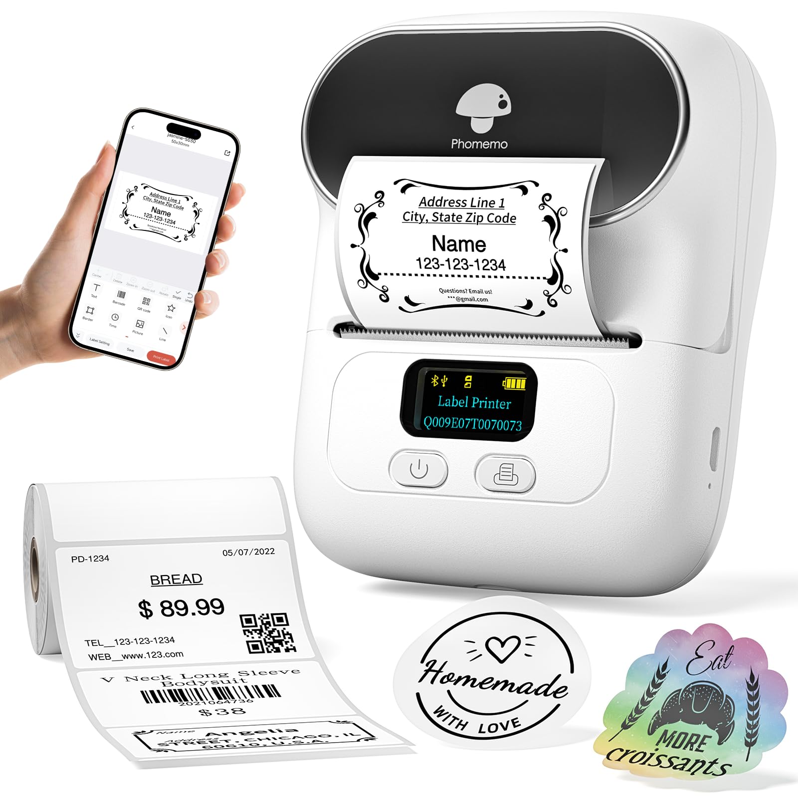 Phomemo M110 Bluetooth Label Maker-Portable Barcode Printer,Mini Wireless Thermal Label Maker Machine for Retail,Address,Jewelry,Home,for iOS&Android, with 40mm x 30mm Label (1 Roll of 100) (Black)