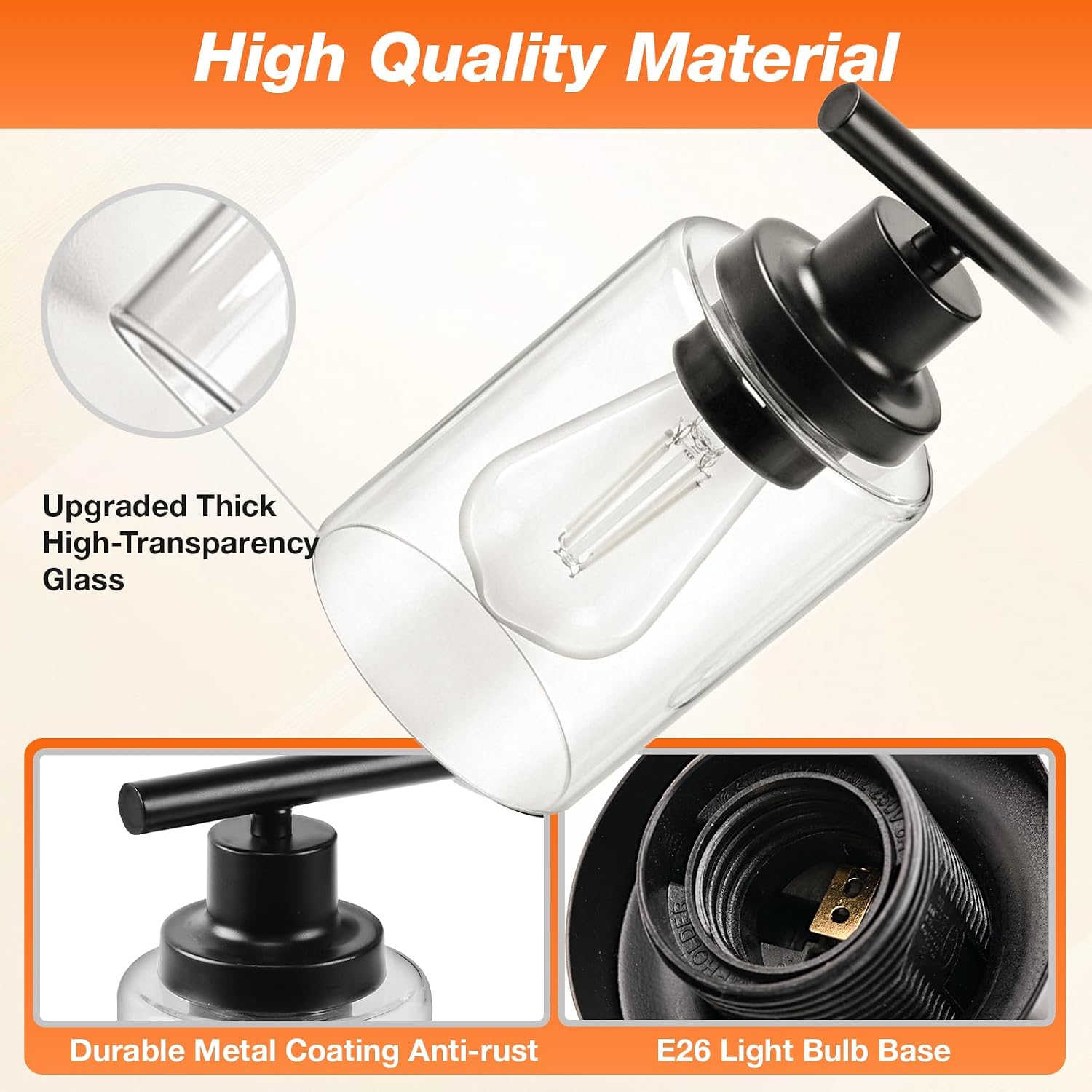 Sylvania 18.23" Bathroom Light Fixture with 3 Clear Glass Shade, Iron with Black Finish, E26 Medium Base, Vanity Lights for Bathrooms, Foyers, Entryways - 1 Pack (67904)