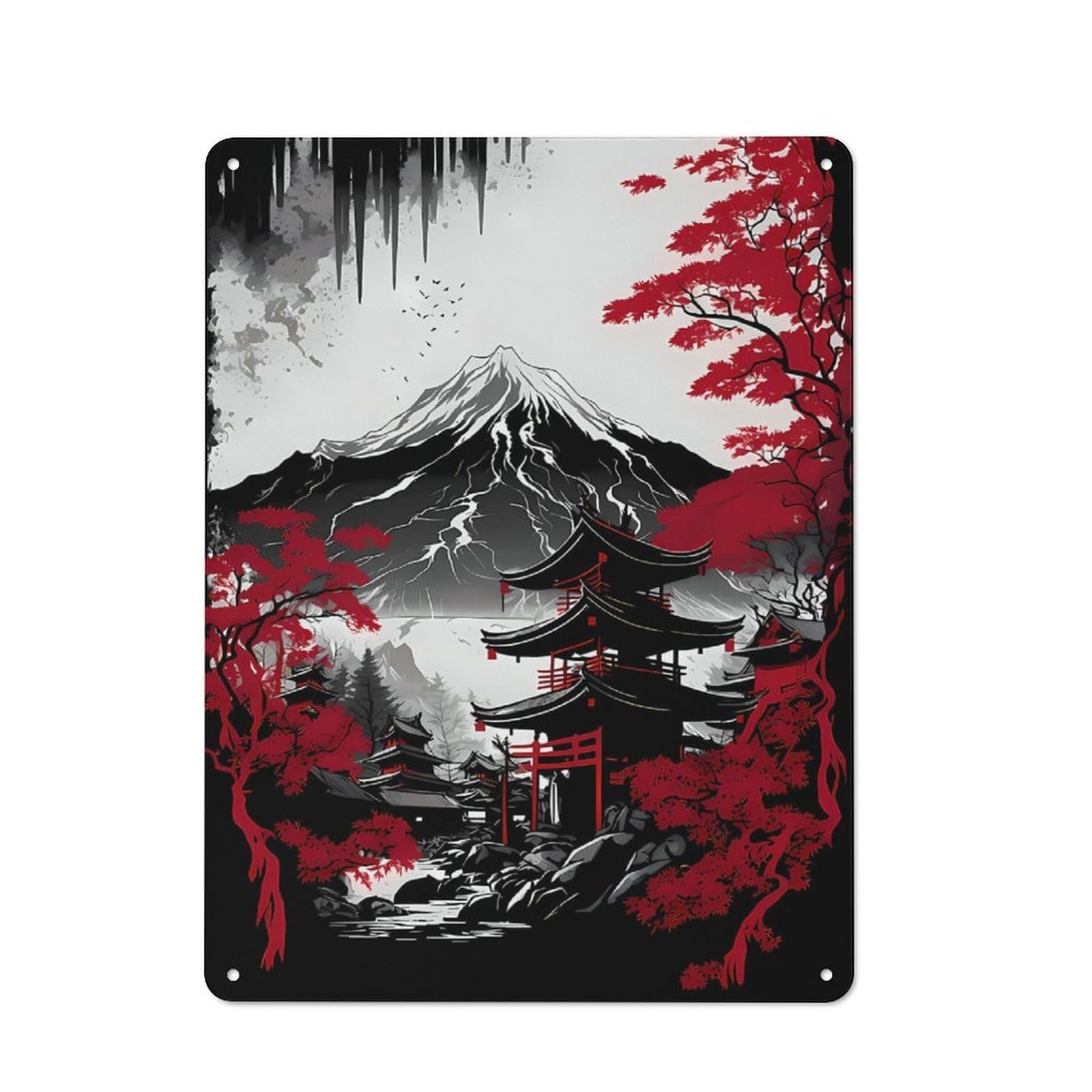 Junmoney Japanese Architecture Ink Decorative Tin Sign 40X30cm, Old Fashioned Old Style Wall Plaque For Lounge, Study, Pub Or Wall Gallery
