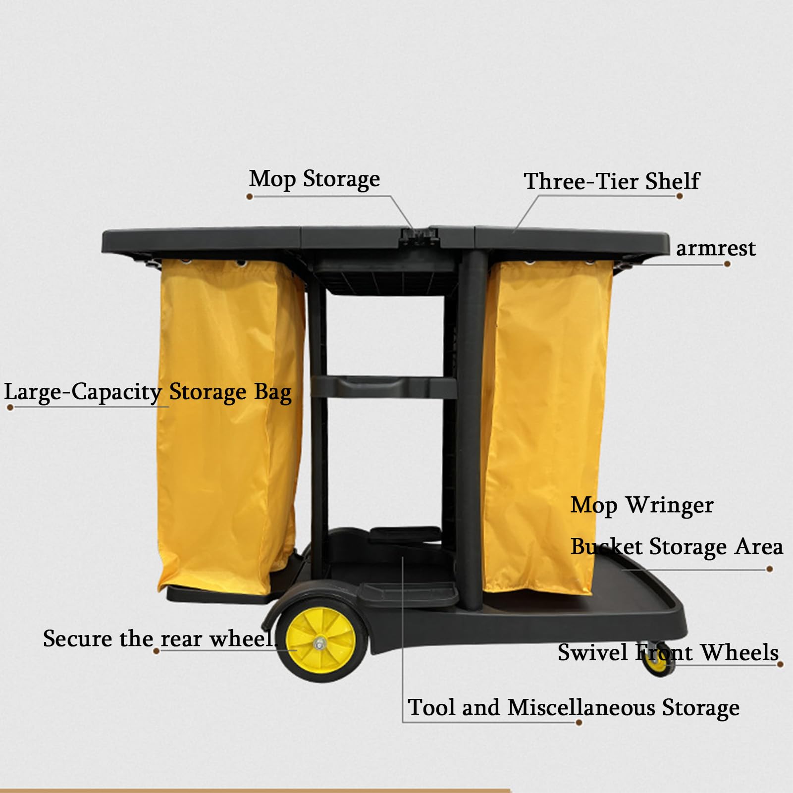 Carrito de limpieza comercial, carrito de limpieza multifuncional con ruedas equipado con dos bolsas de tela Oxford, carrito de suministros de limpieza y saneamiento para hotel, centro comercial