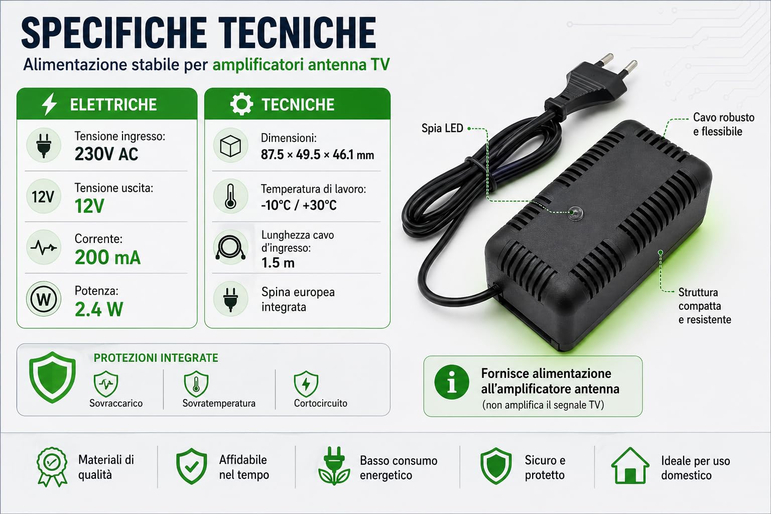 Alimentatore per Amplificatore Antenna TV 12V 200mA – NON è un Amplificatore di Segnale – Solo Alimentazione, Modello TR200 con Morsetti a Vite (Cavo Spellato) – Uso Tecnico Impianti Antenna