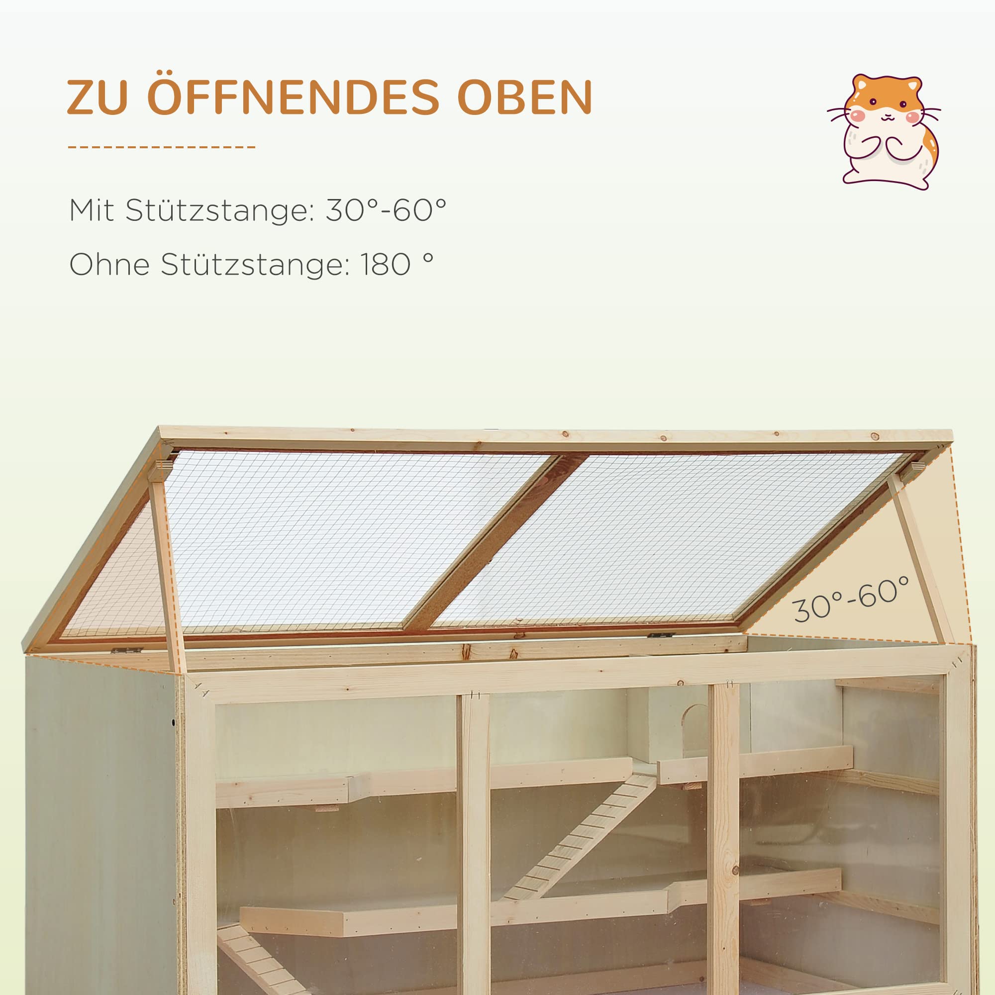 PawHut Klatka dla chomików, domek dla małych zwierząt, z drewna, klatka na myszy ze schodami, trzypoziomowa, PCW, naturalne drewno, 115 x 57 x 55 cm