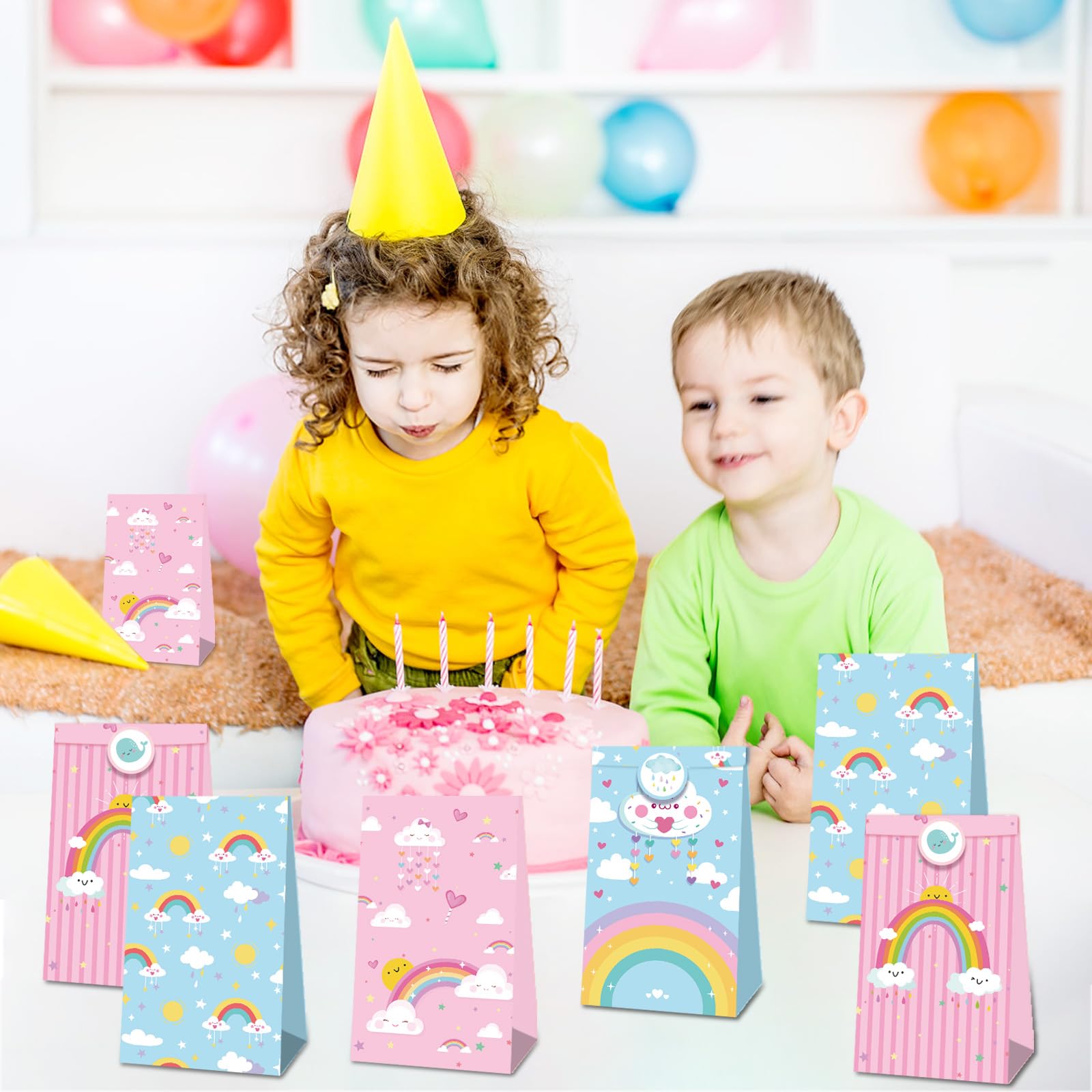 12 Pièces Réutilisable Sac Cadeau Arc En Ciel Quatre Couleurs Colore Portable Mignon Sac De Bonbon Avec Autocollant Petite Premium Sac En Papier Arc En Ciel Kraft Pour Bebe Bapteme Mariage Fete
