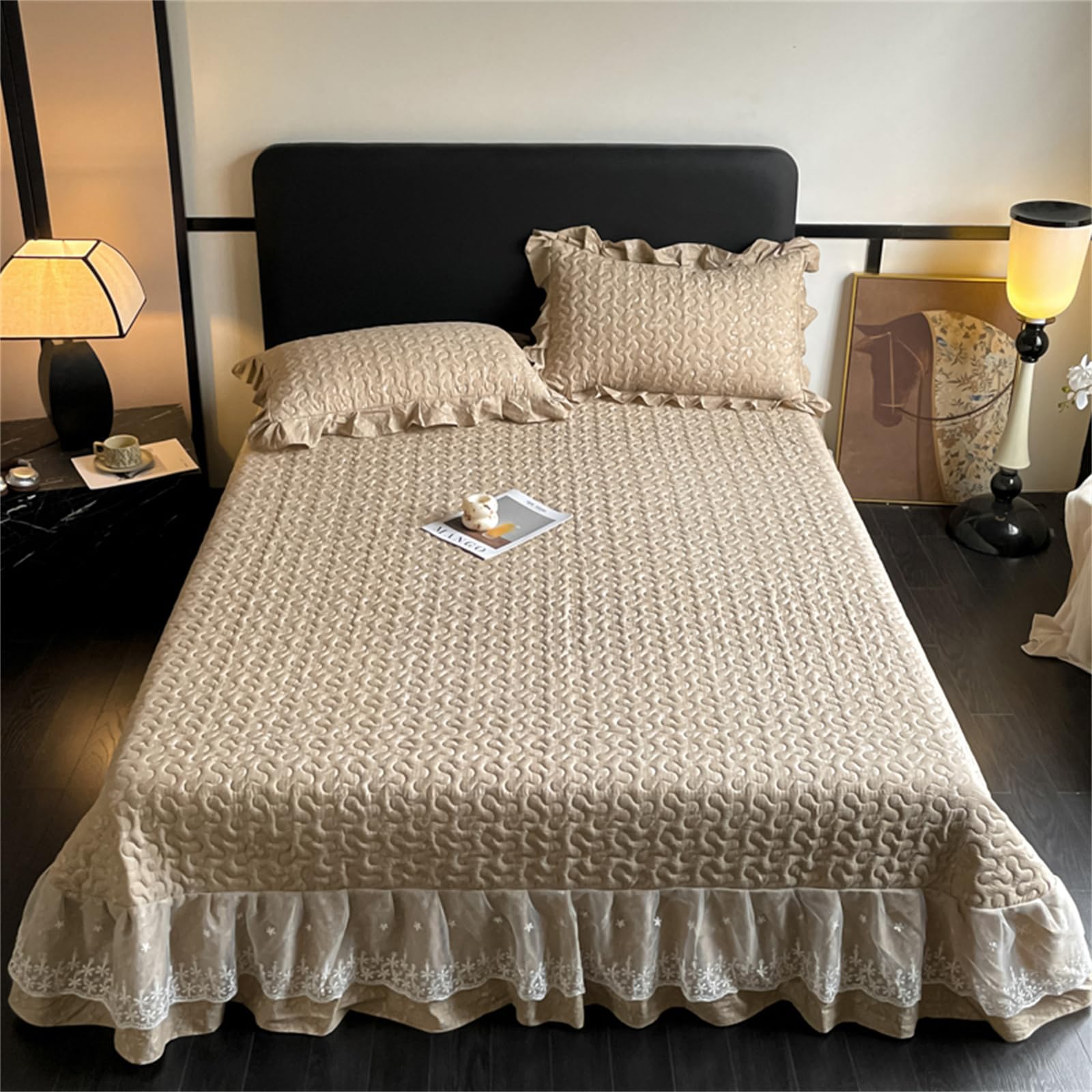 Highdi Planta Floral Colcha Acolchada Individual/Doble/King, Colcha Cama Patchwork con Ribete Volante Manta Sofa, Manta Cama Reversible Diseño Cama para Alle Jahreszeiten (Marrón Claro,250x270cm)
