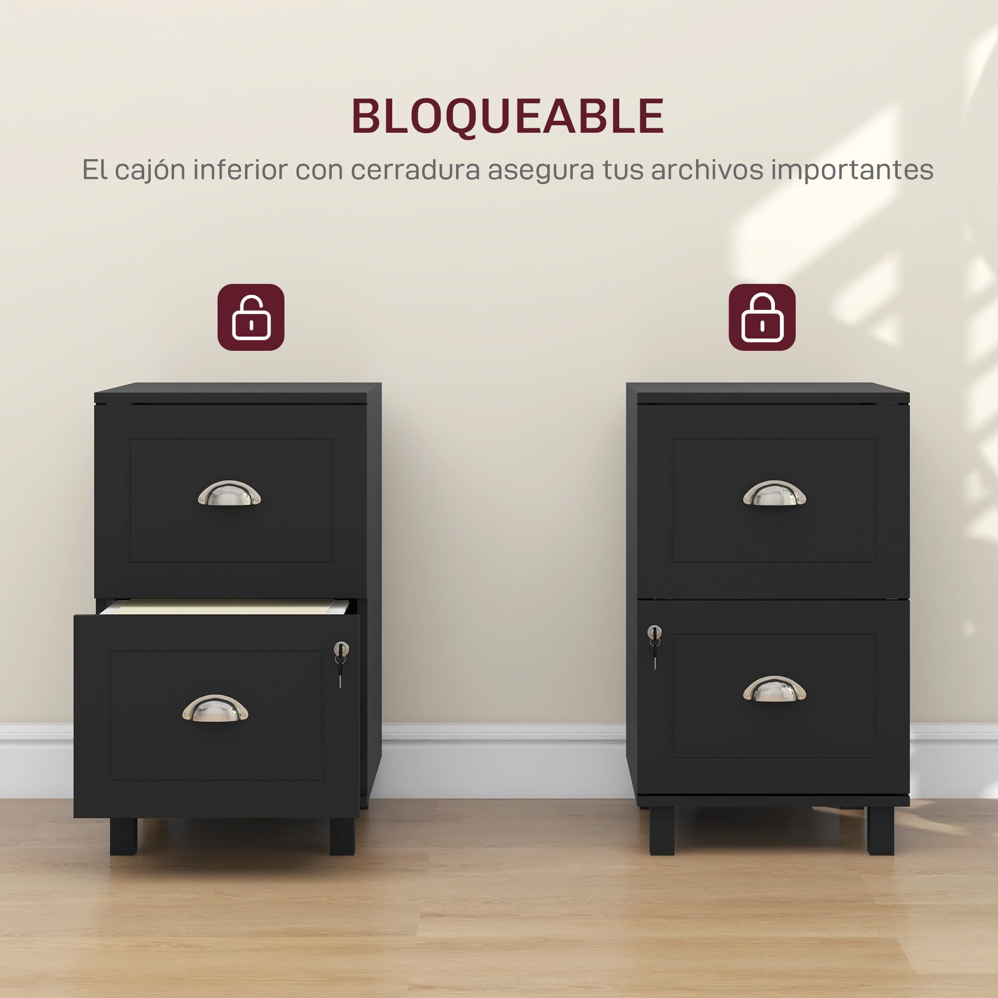 HOMCOM Cassettiera da ufficio mobile raccoglitore con 2 cassetti cassetto per scrivania con serrature cartelle sospese per A4 e lettera, 40 x 41,5 x 67,5 cm, nero