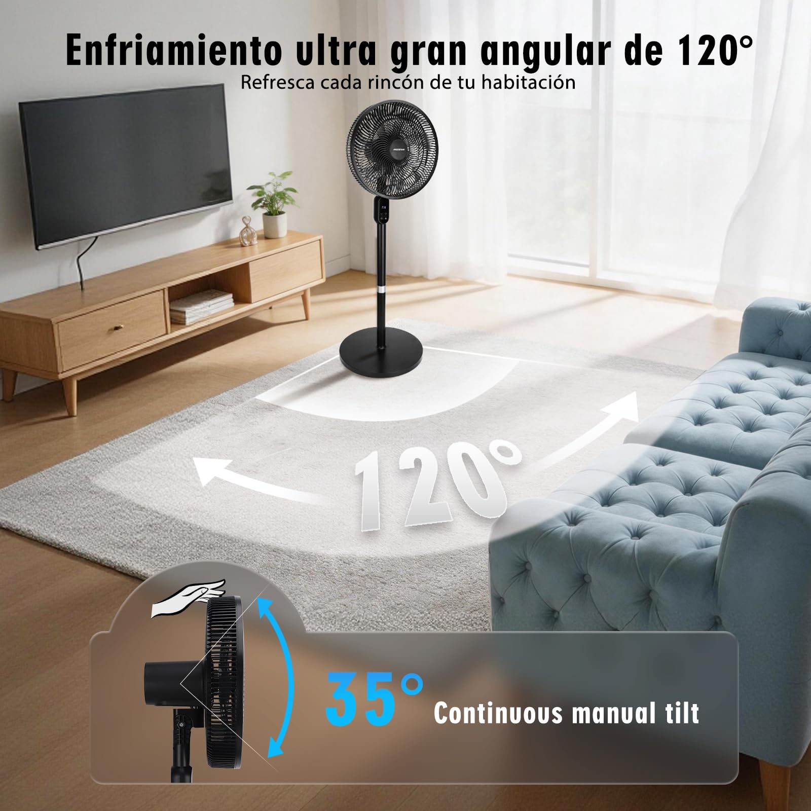 Aigostar Ventilador de Pie Silencioso, Oscilación de 120º, 7 Aspas, Mando a Distancia, Pantalla Táctil, Temporizador 12 h, 3 Velocidades, 3 Modos, Ventilador de Pie y de Sobremesa 2 en 1, 91/125 cm