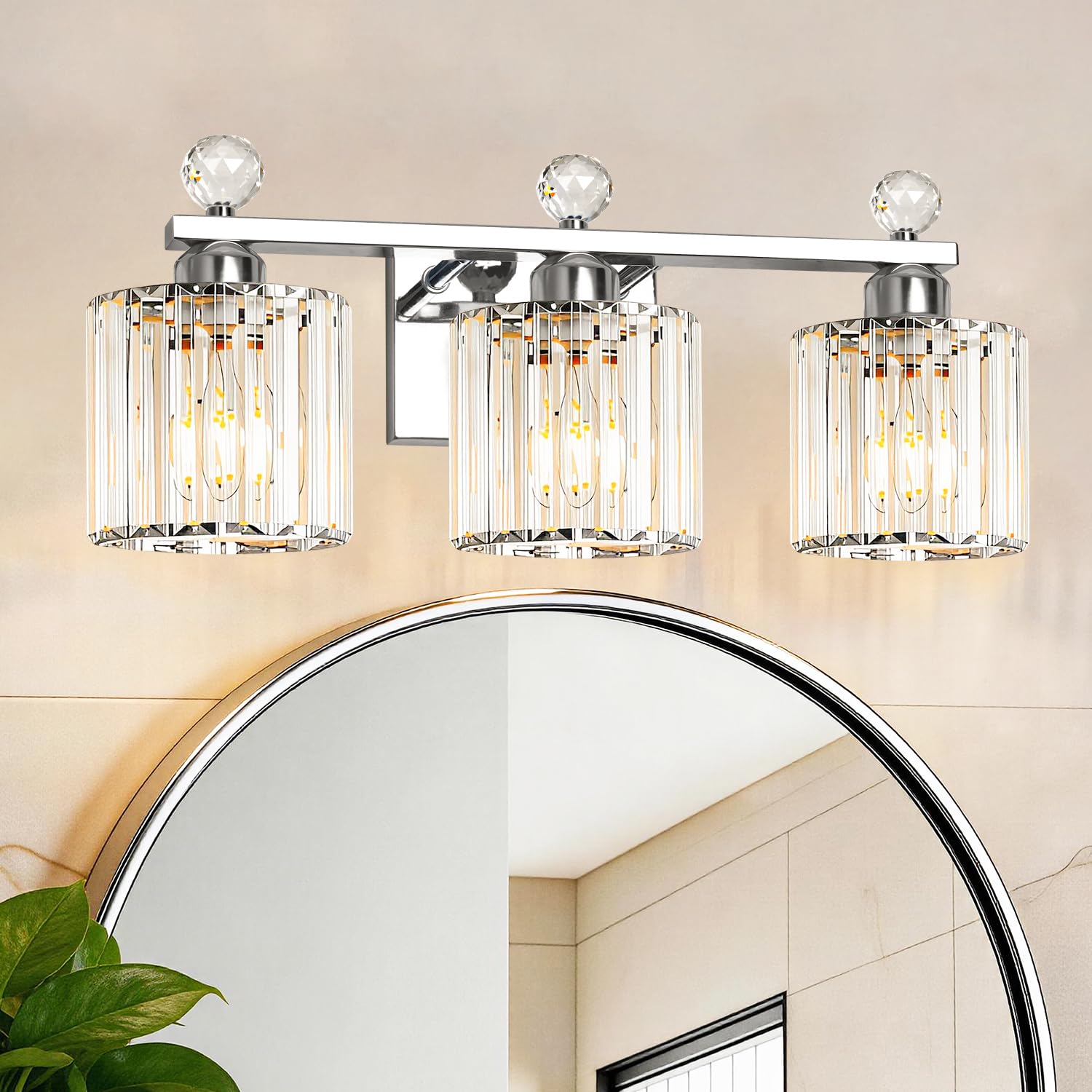 Modern Crystal Bathroom Vanity Light 3-Lights Bathroom Light Fixtures Chrome Vanity Light Fixtures over Mirror Easy Installation Dimmable