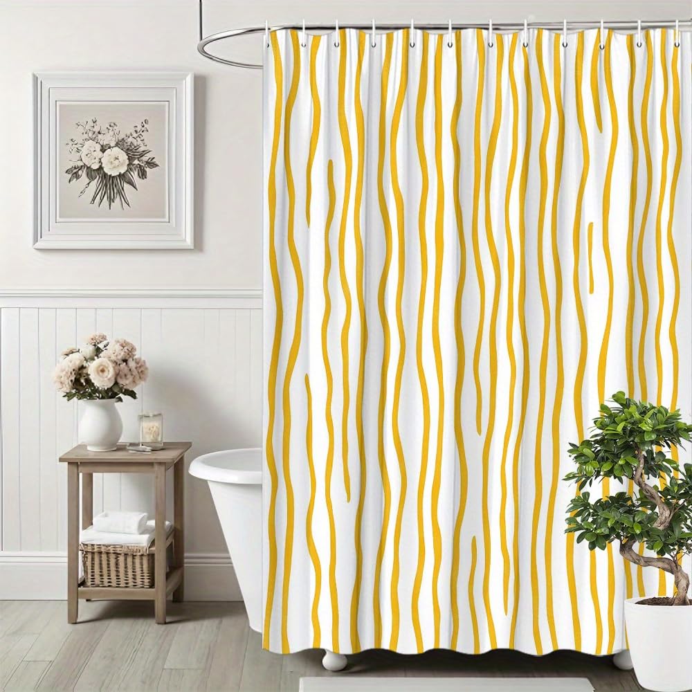 awitufhgp 1pc Mustard Yellow Wavy Lines Shower Curtain - Abstract Fluid Design on Stark White Background, Polyester Bathroom Decor(80x150cm/31x59in(WxH))