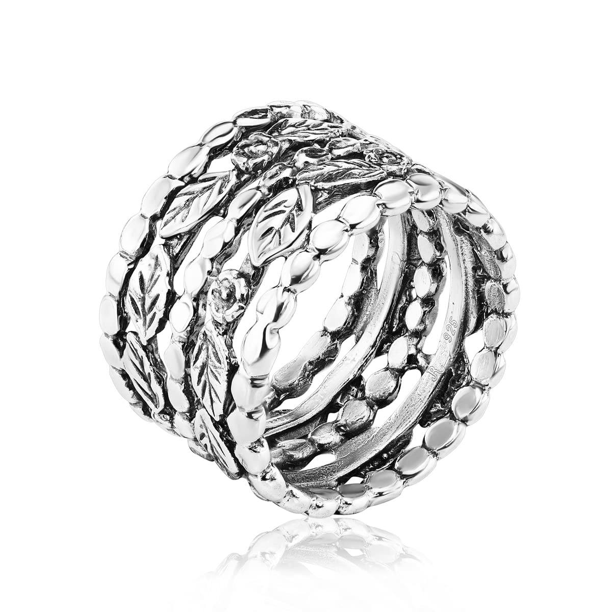 JEAN RACHEL JEWELRY 925 Sterling Silver Ring - Wide Multi Strand with Floral & Leaves Oxidized Vintage Design - Hypoallergenic, Lead & Nickel Free -