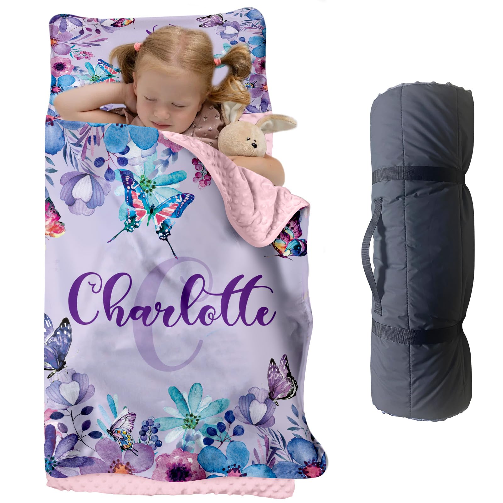 Personalized Elephant Nap Mat for Toddlers, Custom Floral Sleeping Bag with Nap Blanket, Pink Flower Theme Roll Up Mat
