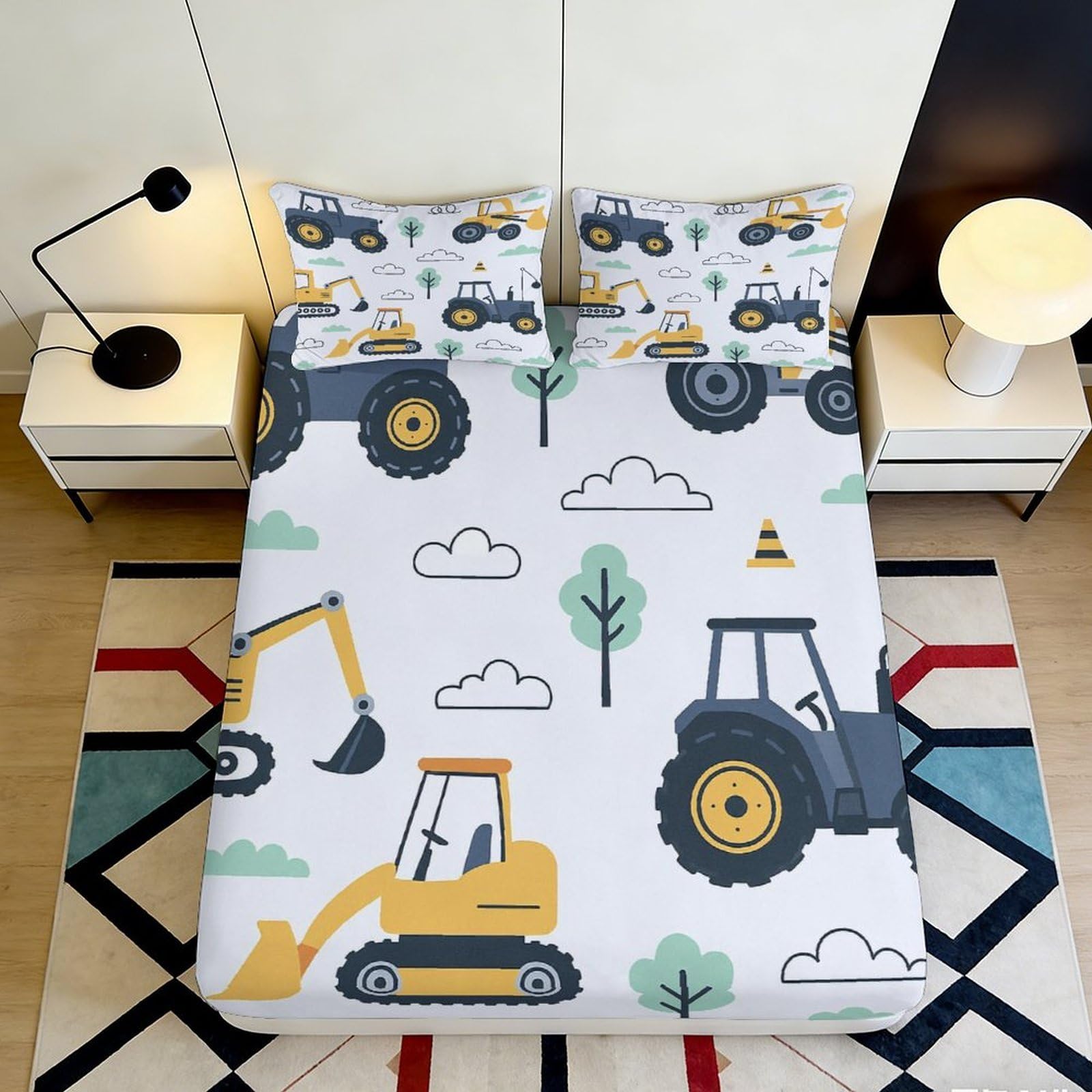3D Printed Construction Truck Fitted Sheet Microfiber Soft Anti-Slip Digger Tractor Bed Cover for Bedroom Dorm Mattress Protection 90x200x25cm